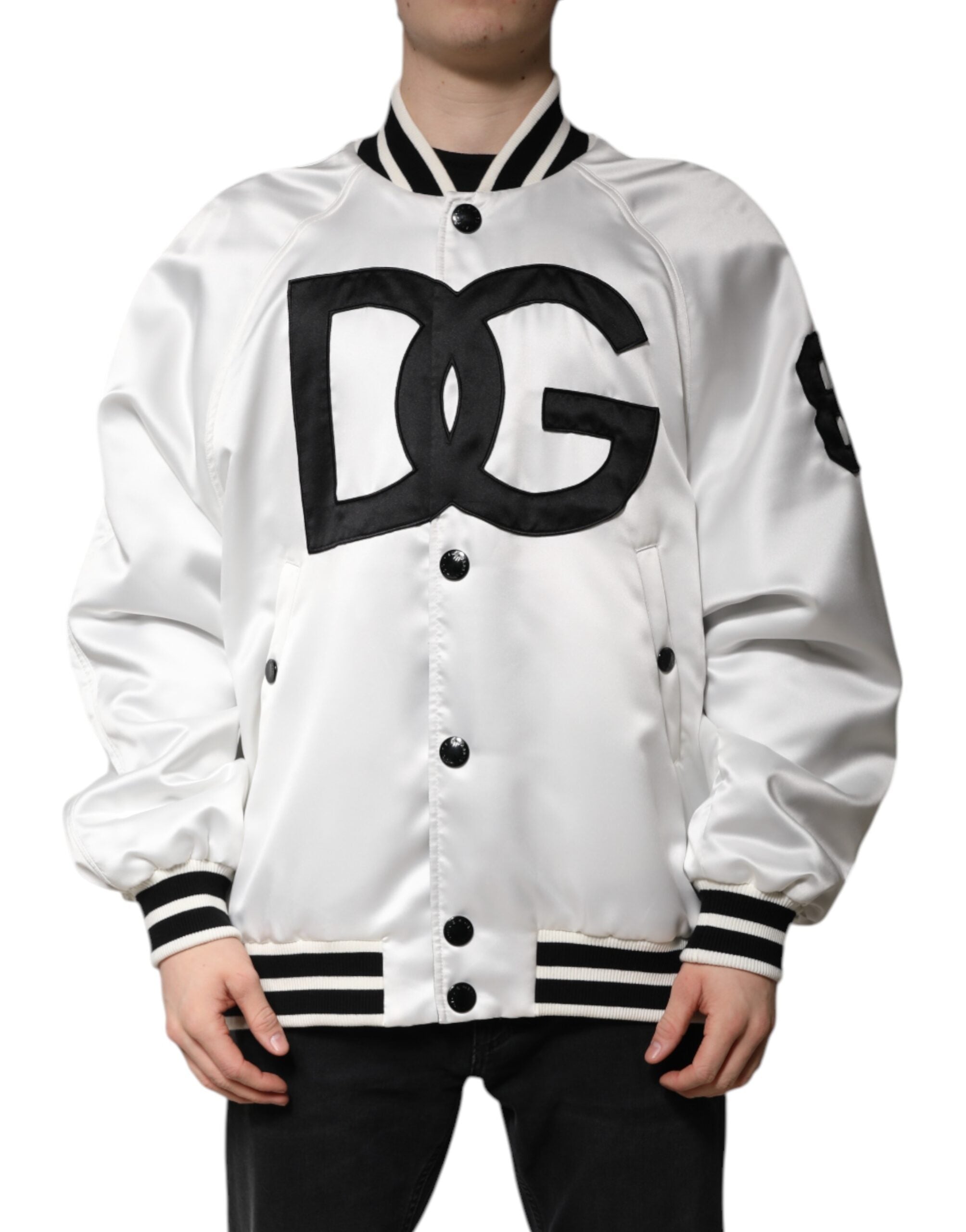 Dolce & Gabbana White DG Logo Polyester Jersey Bomber Men's Jacket