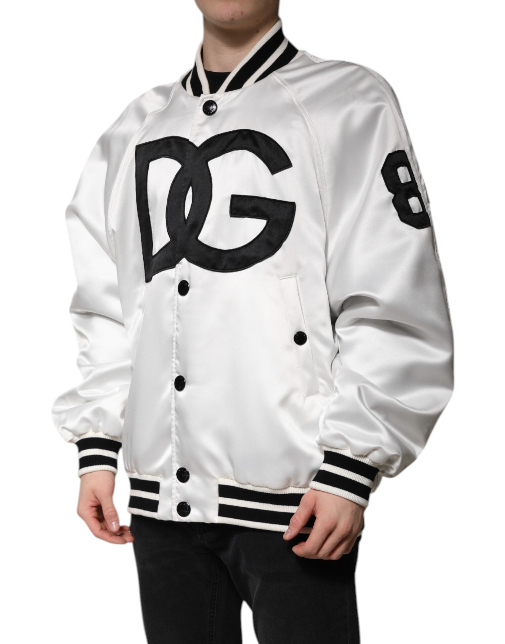 Dolce & Gabbana White DG Logo Polyester Jersey Bomber Men's Jacket