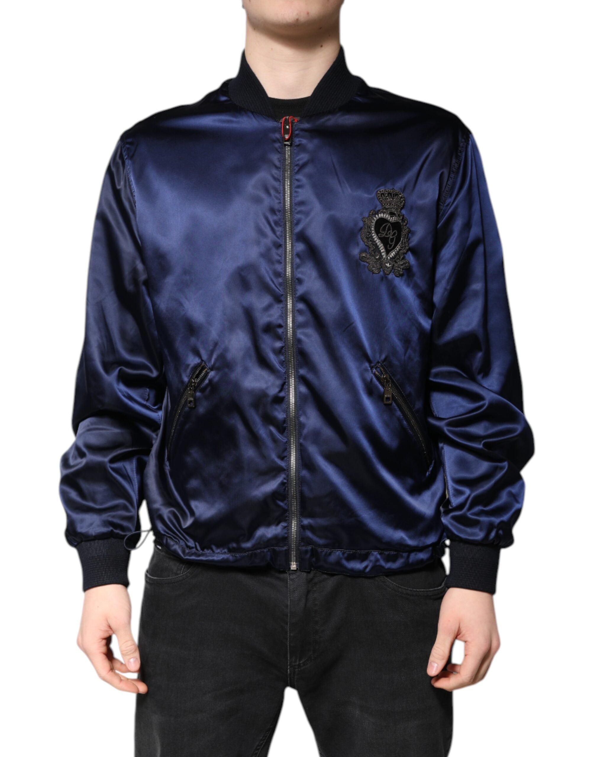 Dolce & Gabbana Blue Nylon DG Crown Full Zip Bomber Men's Jacket (Pre-Owned)