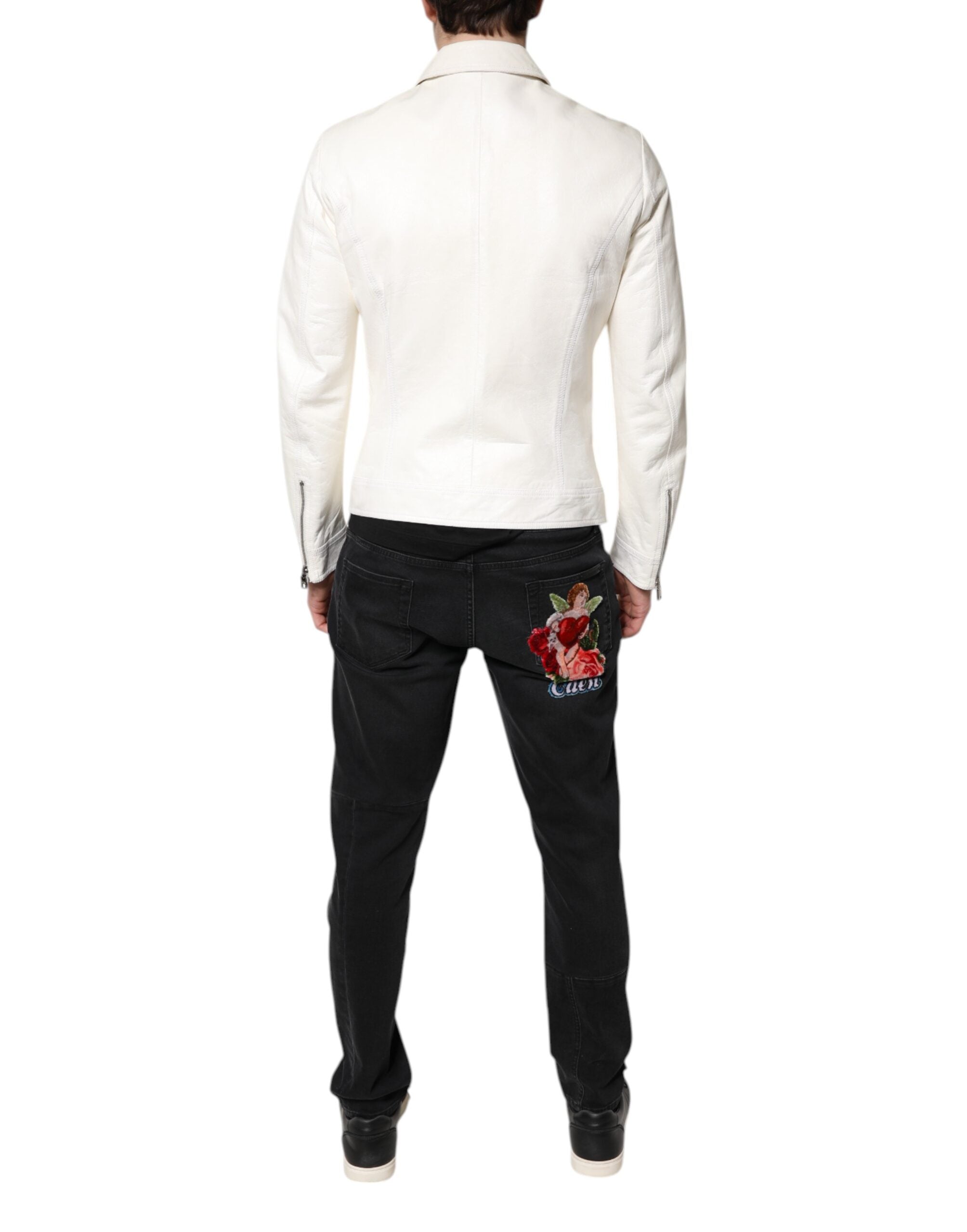 Dolce & Gabbana White Collared Full Zip Biker Coat Men's Jacket