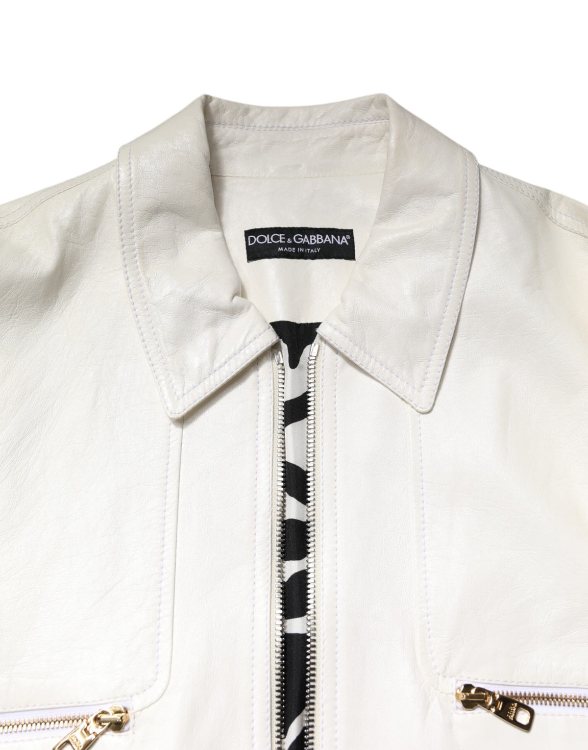 Dolce & Gabbana White Collared Full Zip Biker Coat Men's Jacket