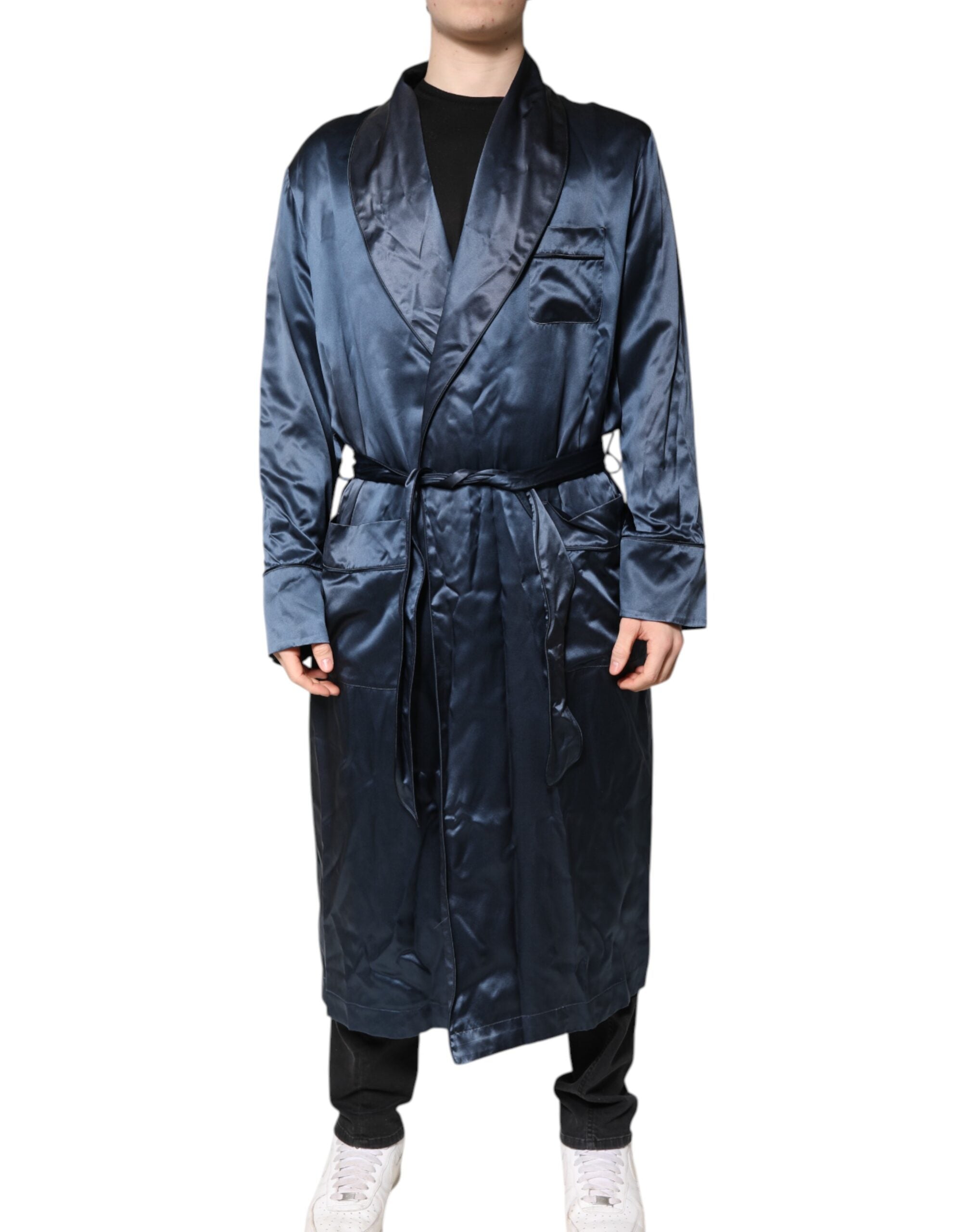 Dolce & Gabbana Blue Solid Silk Men Wrap Robe Coat Men's Jacket (Pre-Owned)