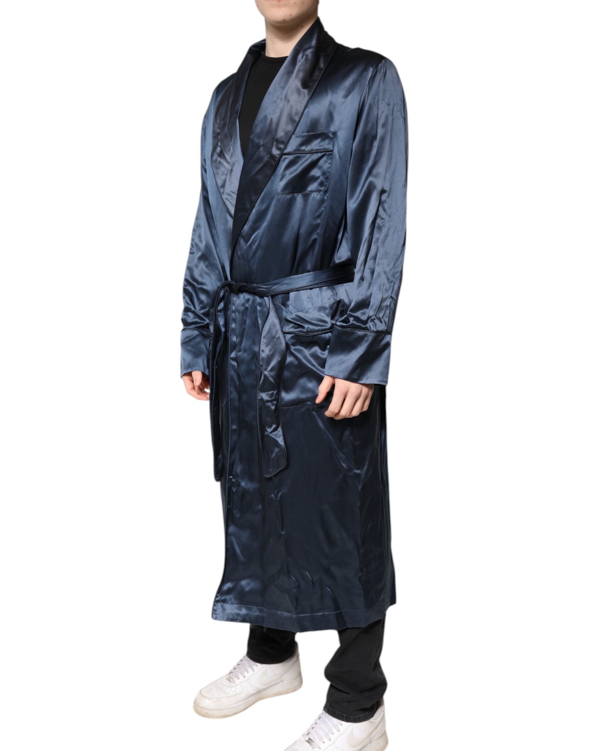 Dolce & Gabbana Blue Solid Silk Men Wrap Robe Coat Men's Jacket (Pre-Owned)