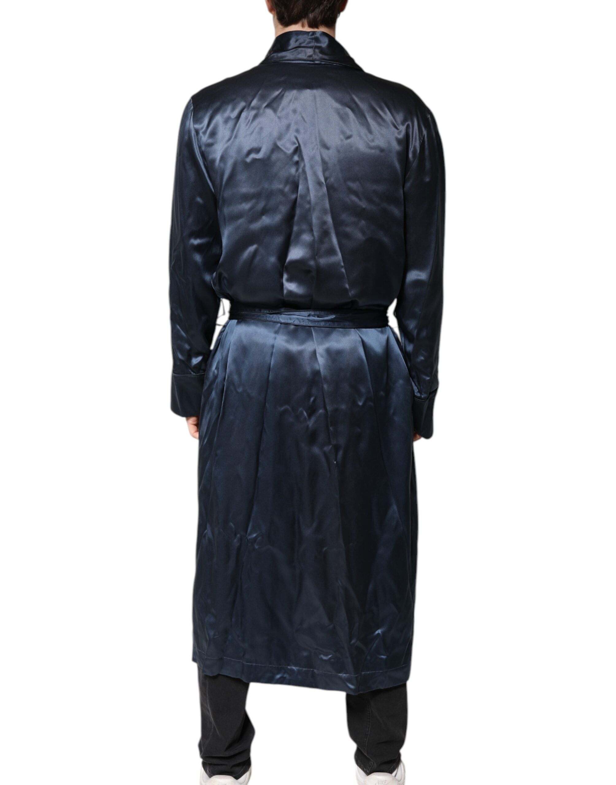 Dolce & Gabbana Blue Solid Silk Men Wrap Robe Coat Men's Jacket (Pre-Owned)