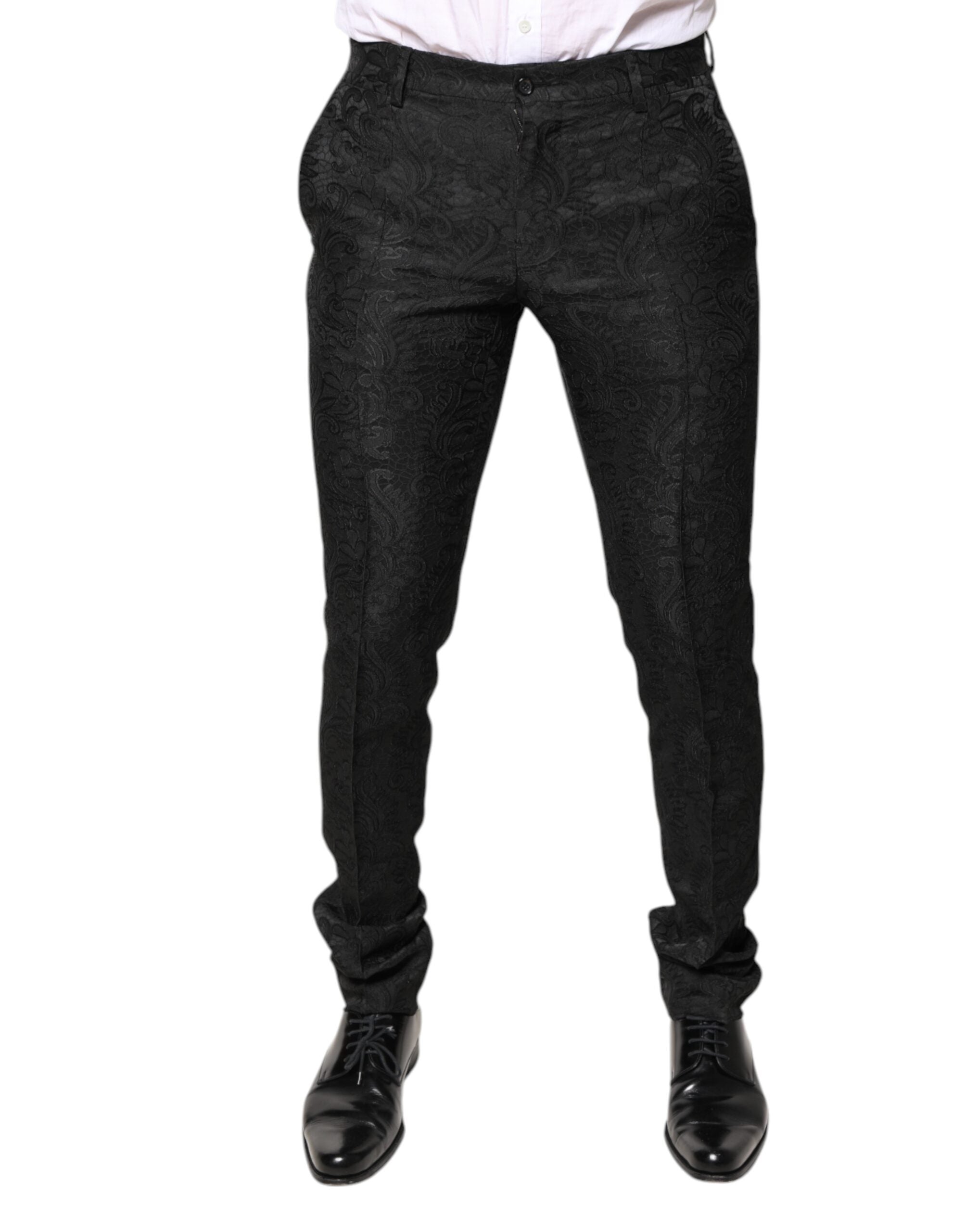 Dolce & Gabbana Black Floral Jacquard Mid Waist Dress Men's Pants