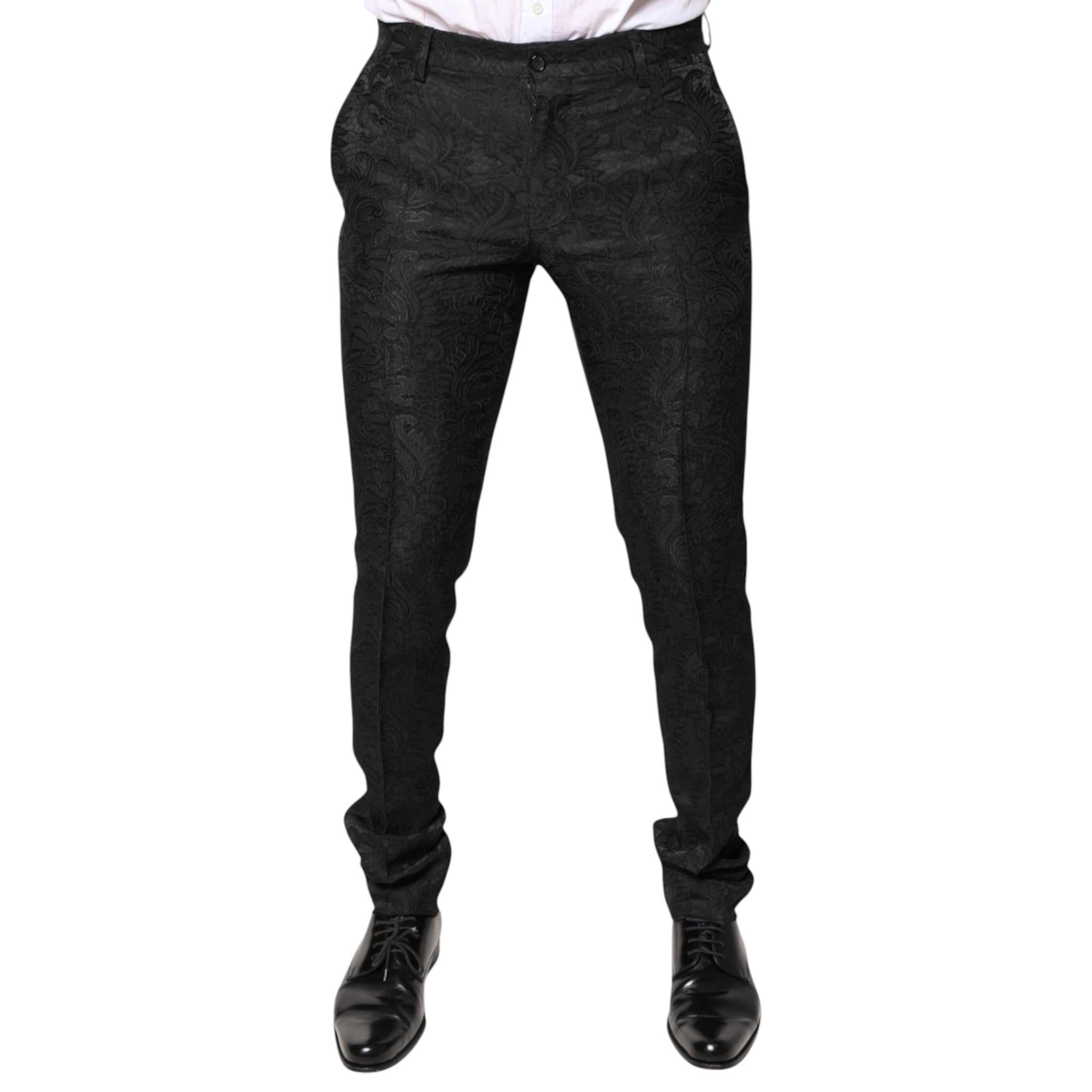 Dolce & Gabbana Black Floral Jacquard Mid Waist Dress Men's Pants