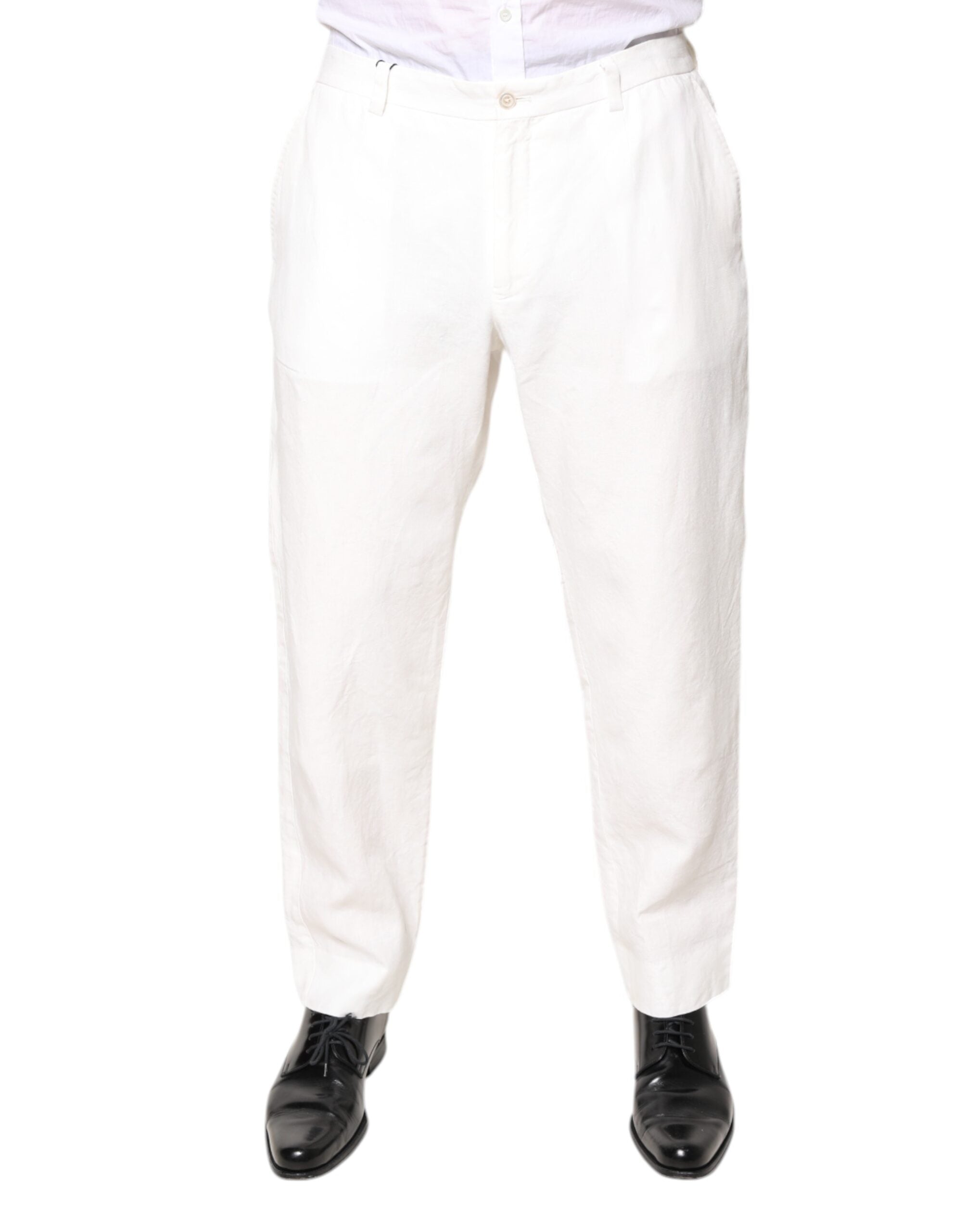 Dolce & Gabbana White Linen Mid Waist Men Dress Men's Pants (Pre-Owned)