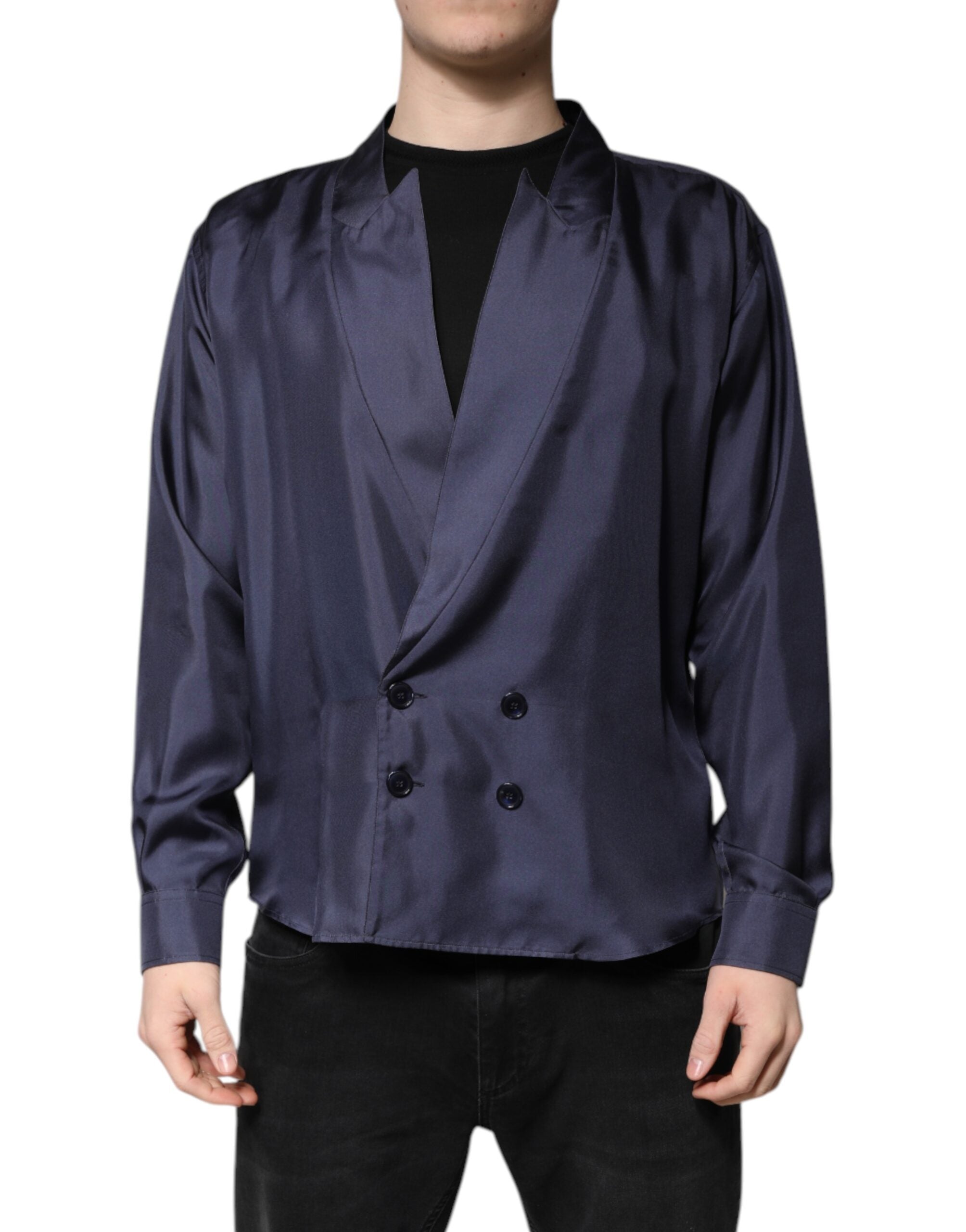Dolce & Gabbana Dark Blue Silk Double Breasted Men's Shirt (Pre-Owned)