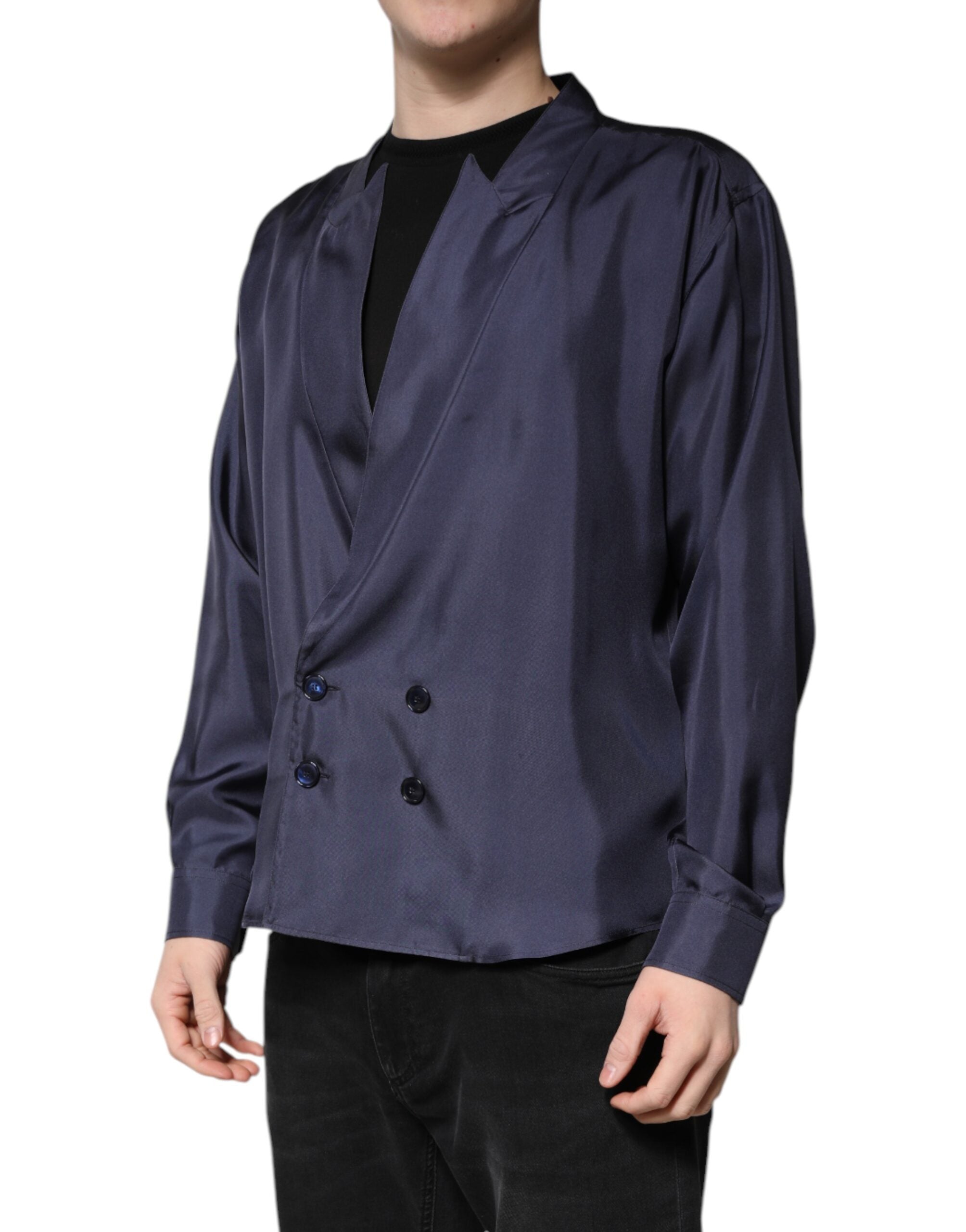 Dolce & Gabbana Dark Blue Silk Double Breasted Men's Shirt (Pre-Owned)