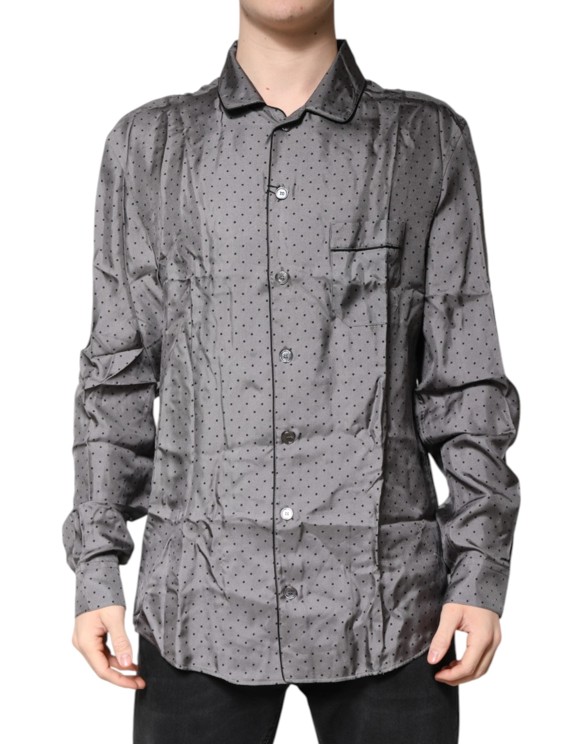 Dolce & Gabbana Gray Polka Dot Silk Long Sleeve Men's Shirt (Pre-Owned)