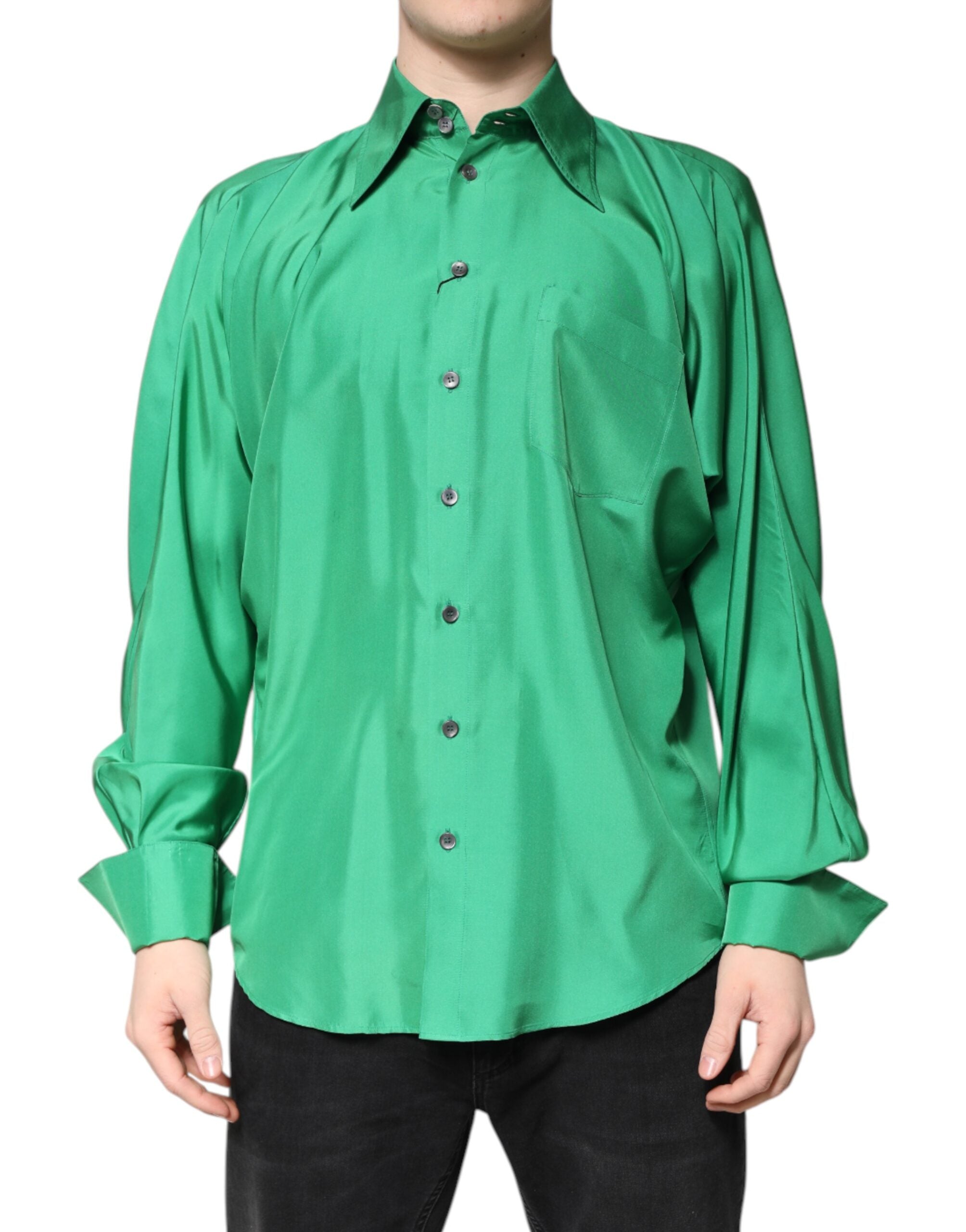Dolce & Gabbana Green Silk Satin Long Sleeves Casual Men's Shirt (Pre-Owned)