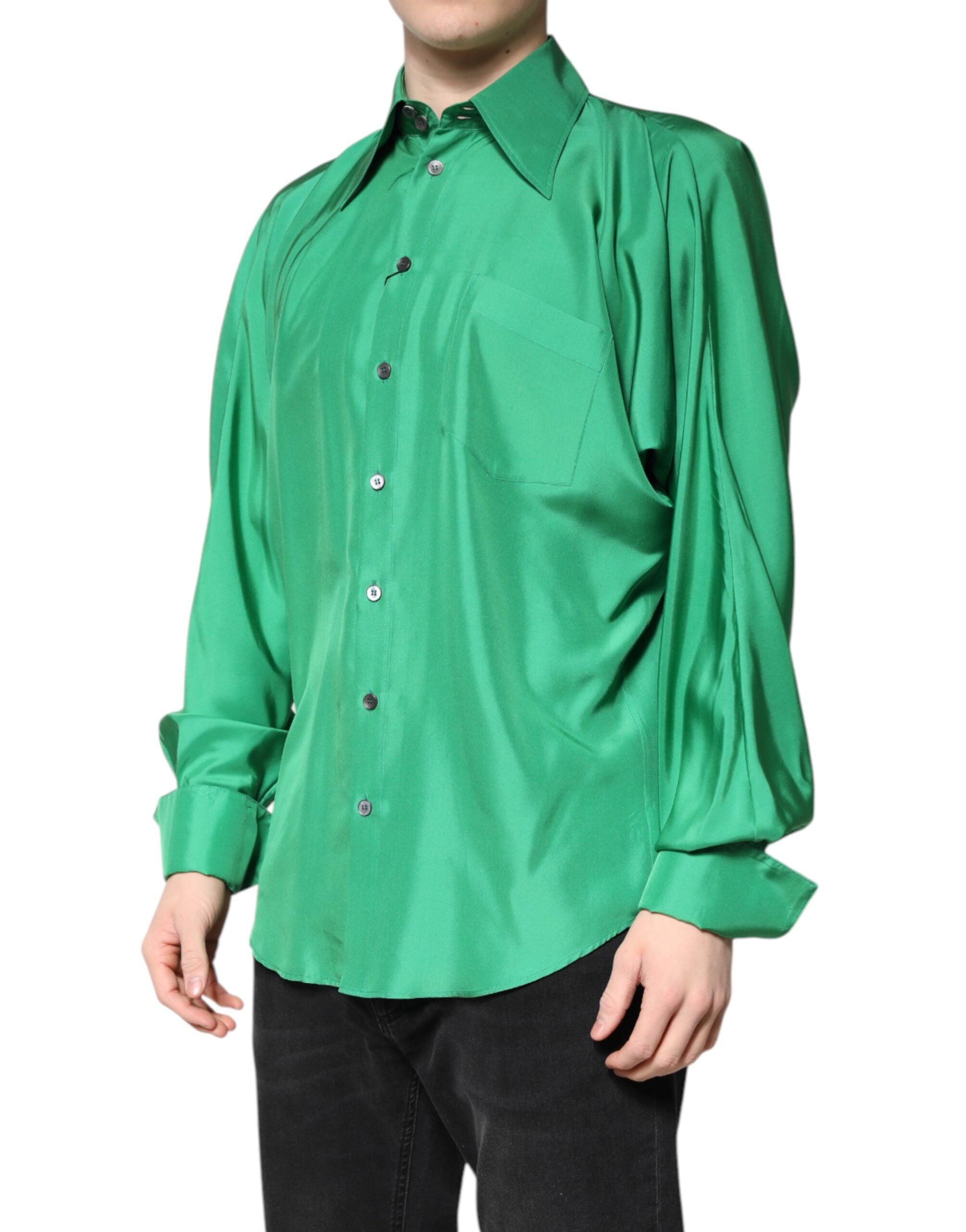 Dolce & Gabbana Green Silk Satin Long Sleeves Casual Men's Shirt (Pre-Owned)