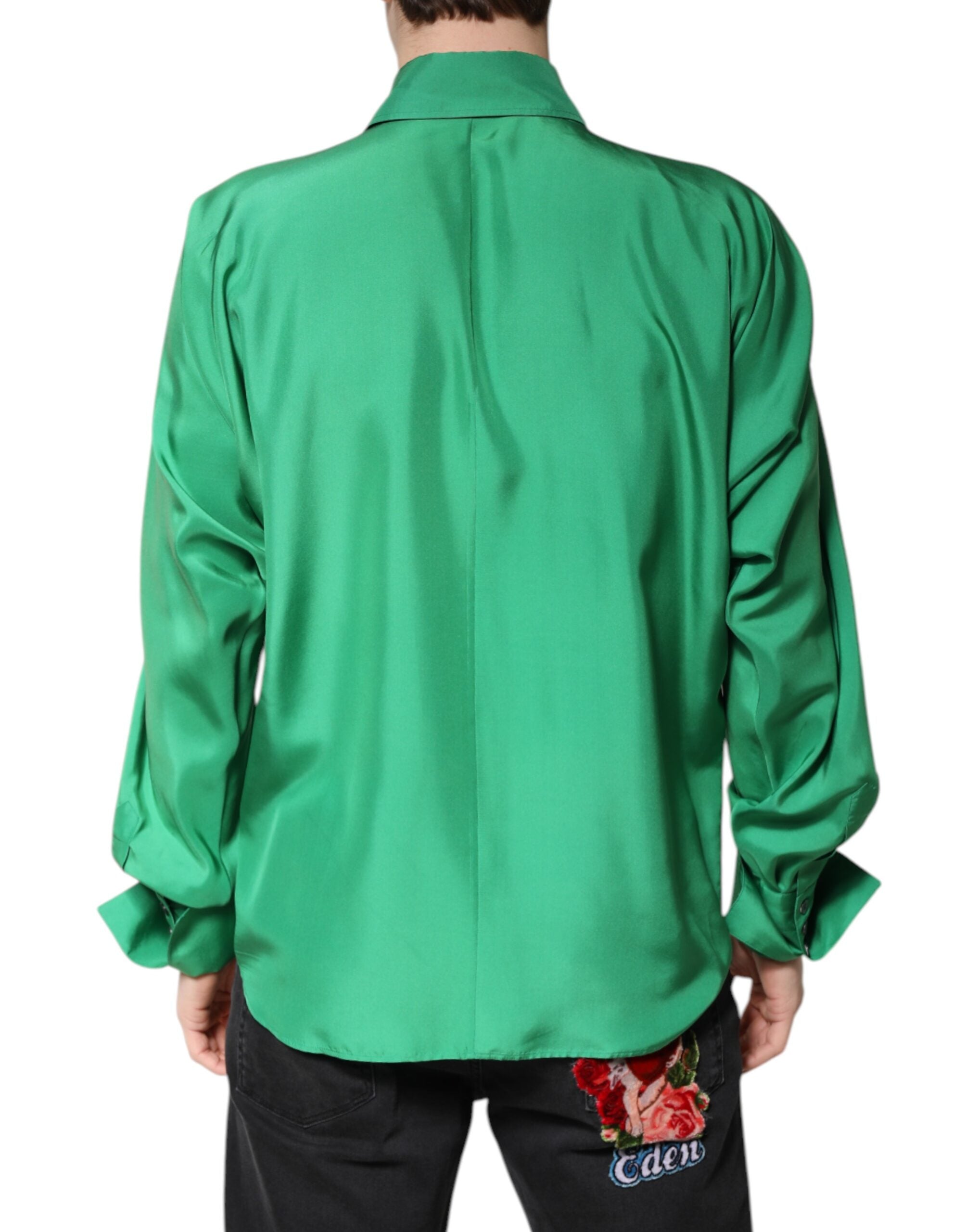 Dolce & Gabbana Green Silk Satin Long Sleeves Casual Men's Shirt (Pre-Owned)