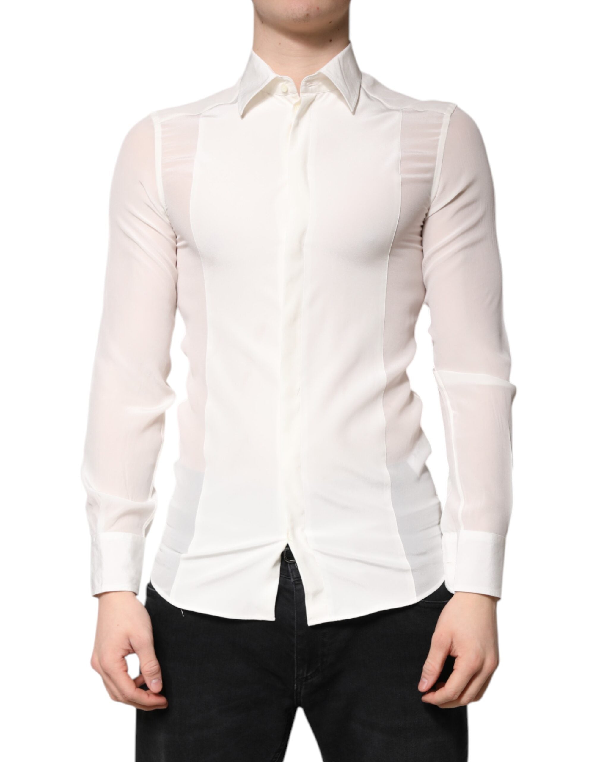 Dolce & Gabbana White Silk GOLD Dress Formal Collared Men's Shirt (Pre-Owned)