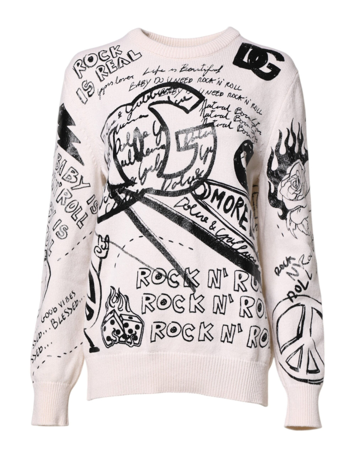 Dolce & Gabbana White Black Logo Print Women Pullover Women's Sweater (Pre-Owned)