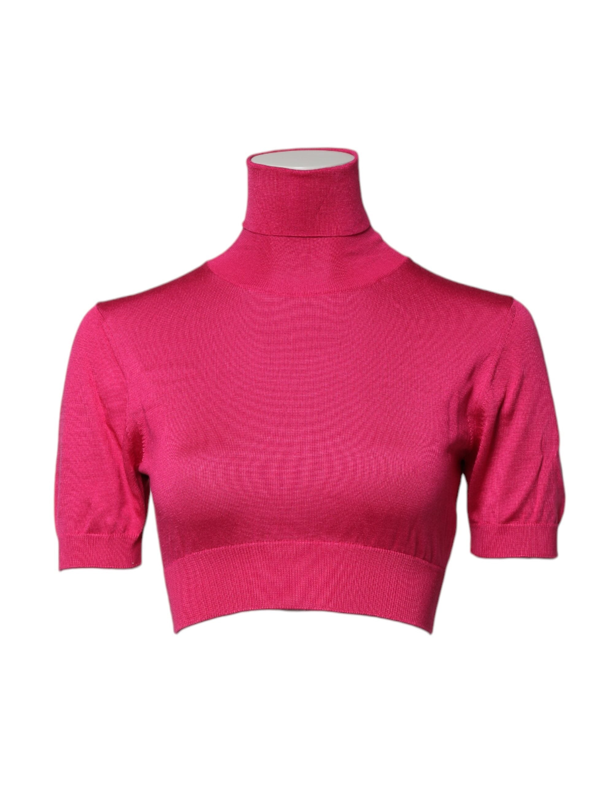 Dolce & Gabbana Pink Silk Knitted Turtleneck Cropped Women's Top