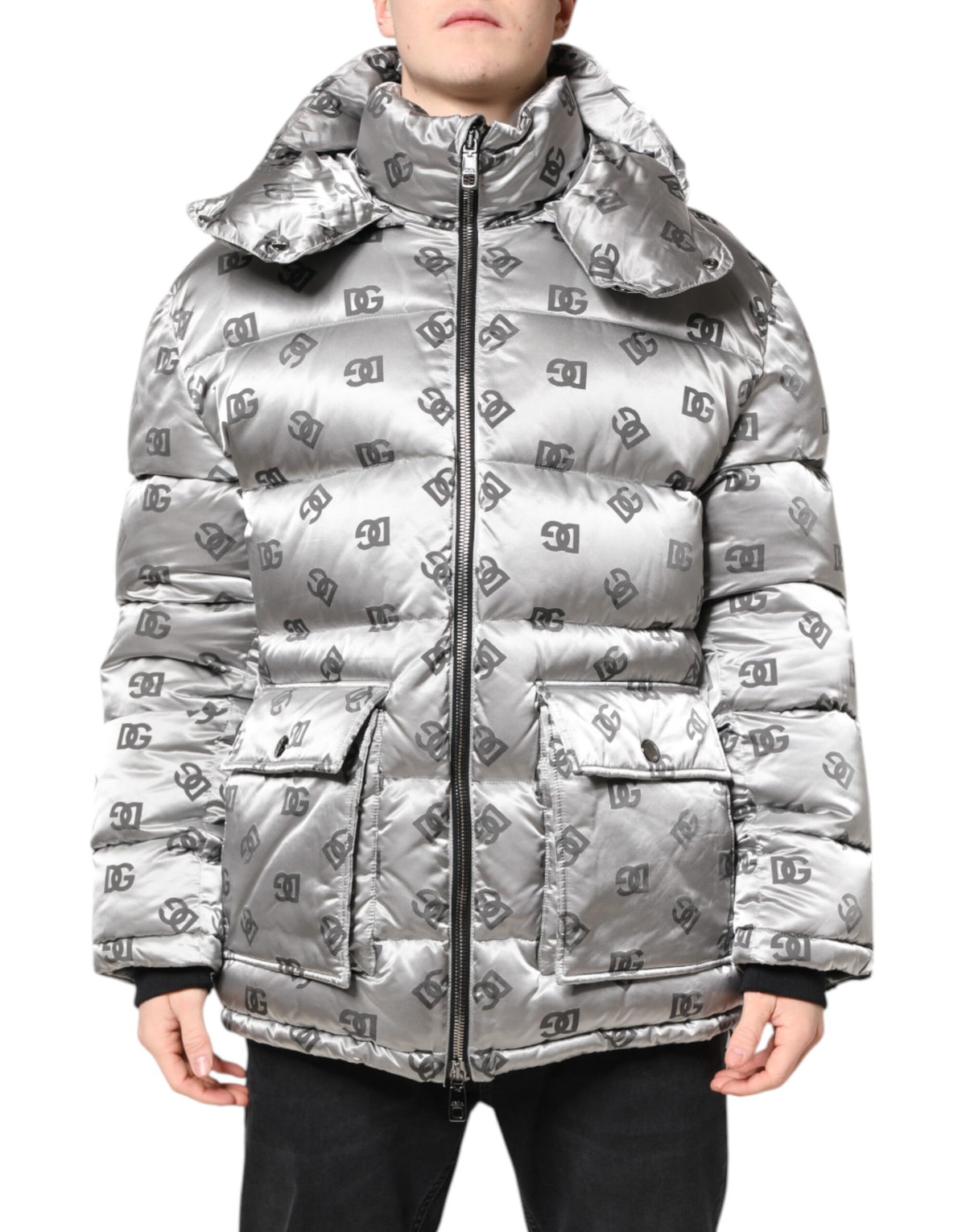 Dolce & Gabbana Silver Logo Full Zip Hooded Quilted Men's Jacket (Pre-Owned)