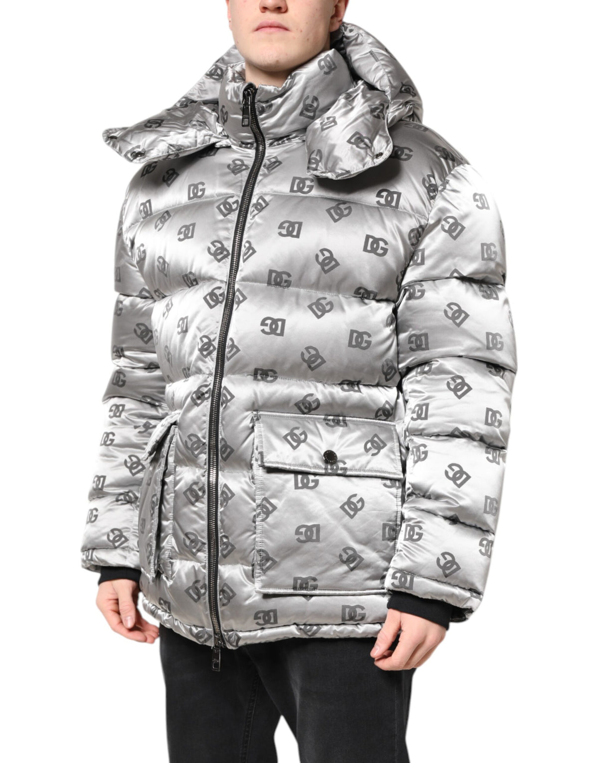 Dolce & Gabbana Silver Logo Full Zip Hooded Quilted Men's Jacket (Pre-Owned)