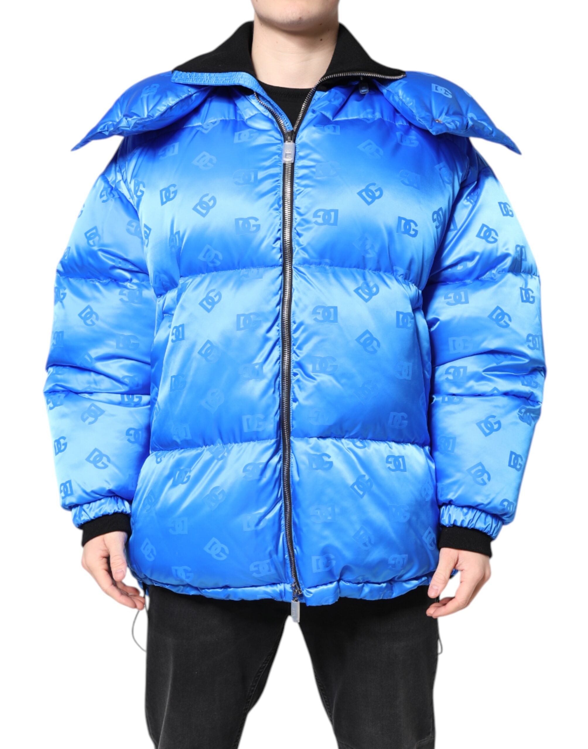 Dolce & Gabbana Blue Logo Full Zip Hooded Quilted Men's Jacket