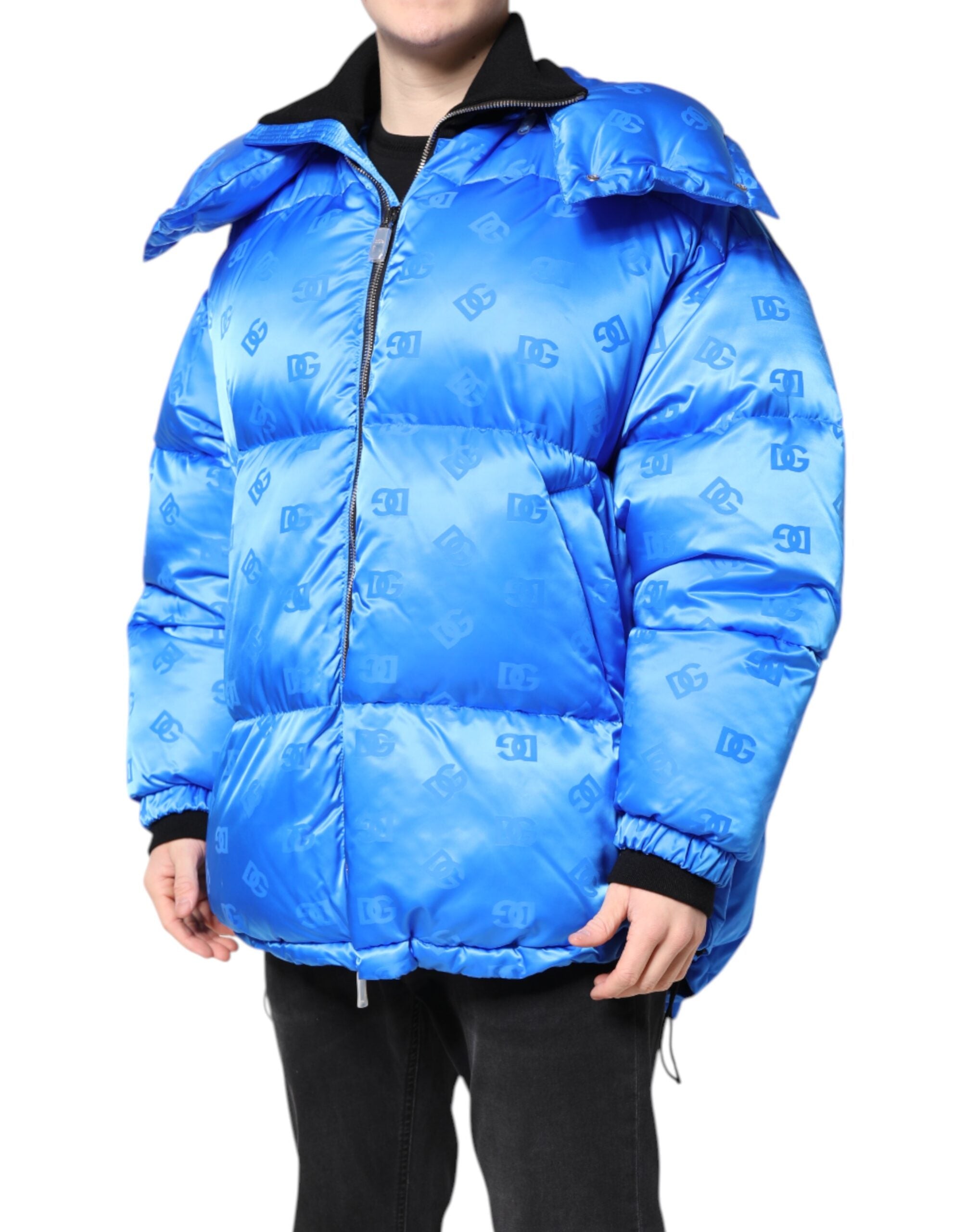 Dolce & Gabbana Blue Logo Full Zip Hooded Quilted Men's Jacket