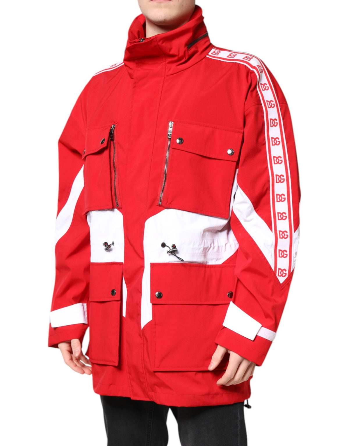 Dolce & Gabbana Red White Nylon Full Zip Windbreaker Men's Jacket (Pre-Owned)