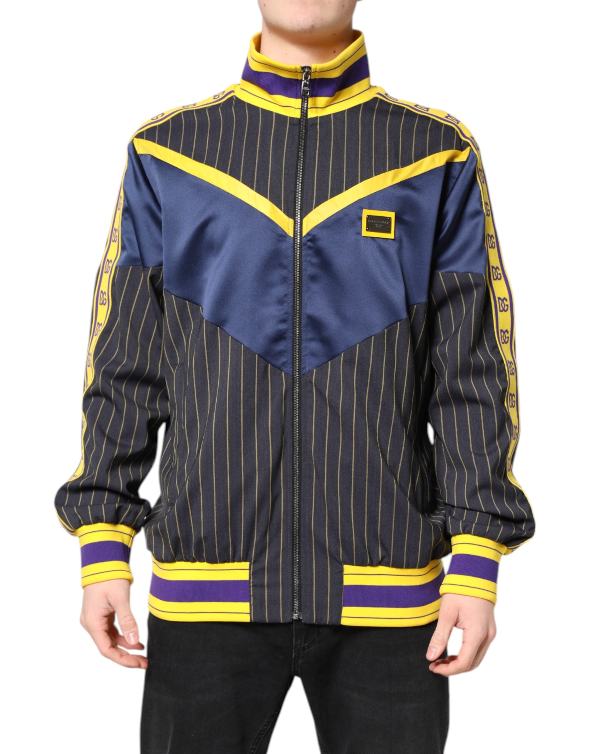 Dolce & Gabbana Black Striped Logo Full Zip Bomber Men's Jacket