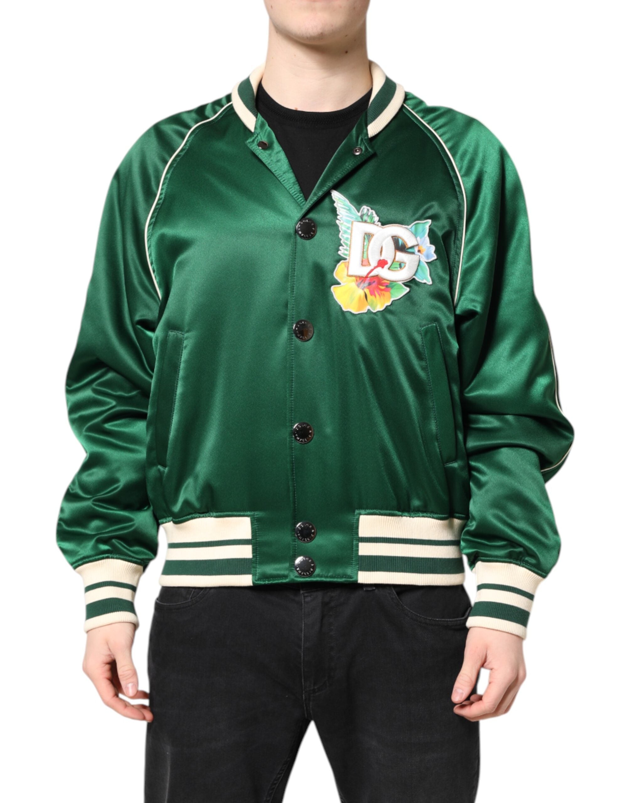 Dolce & Gabbana Green Floral DG Logo Full Zip Bomber Men's Jacket