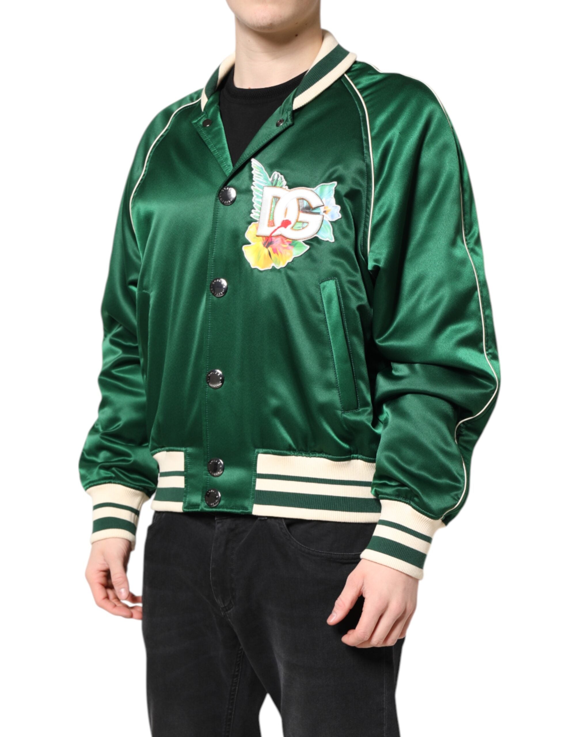 Dolce & Gabbana Green Floral DG Logo Full Zip Bomber Men's Jacket