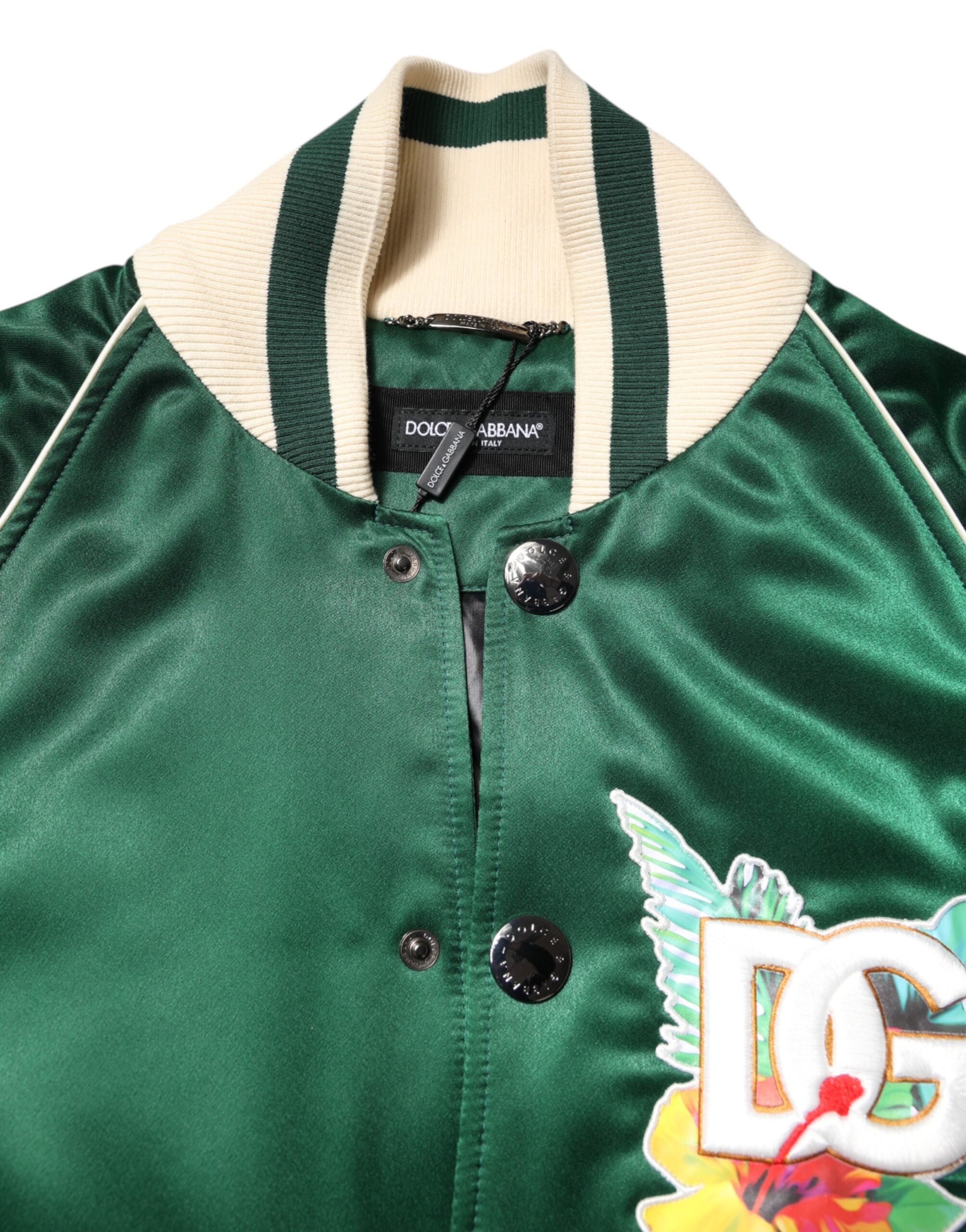 Dolce & Gabbana Green Floral DG Logo Full Zip Bomber Men's Jacket