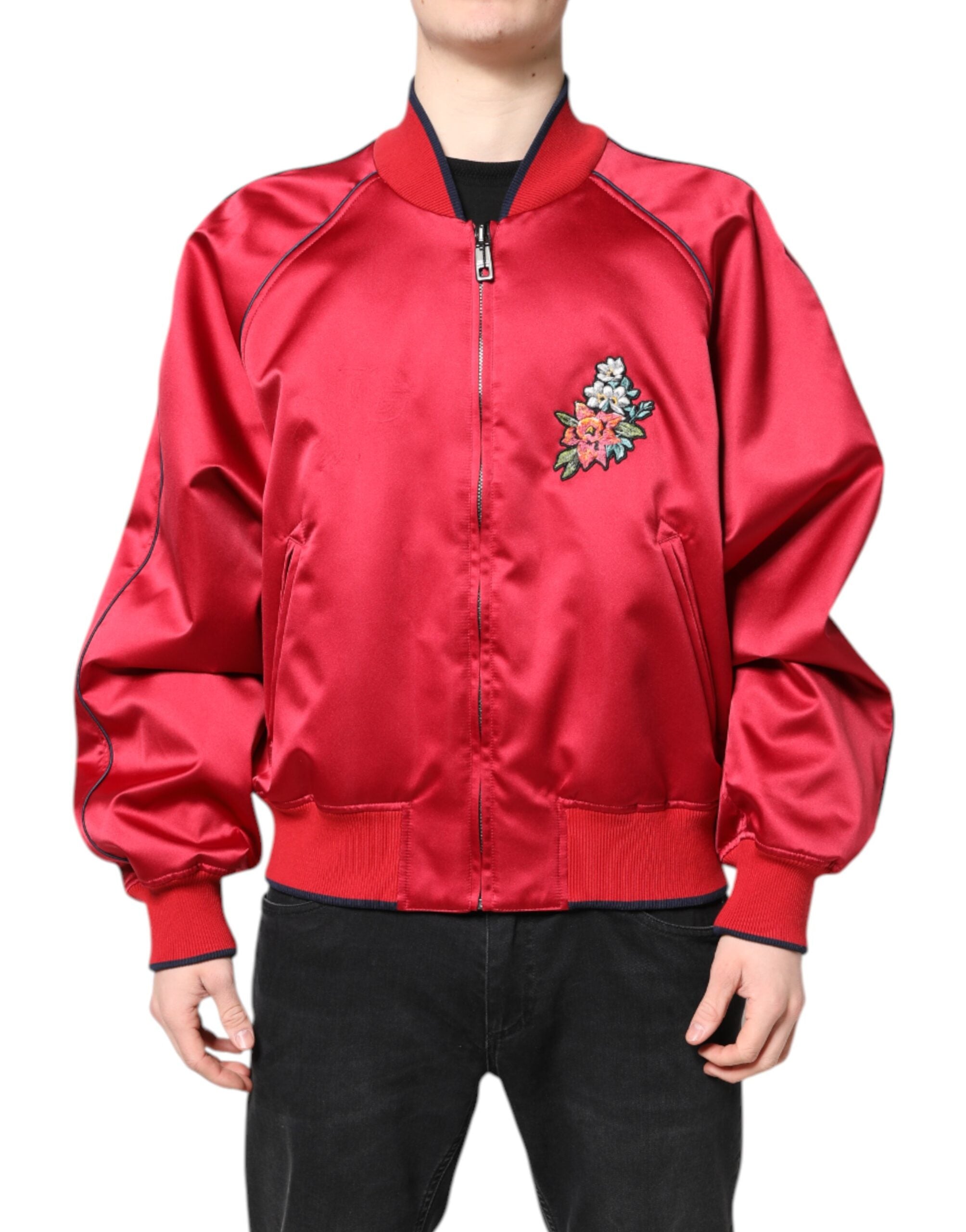 Dolce & Gabbana Red Floral Patch Full Zip Men Bomber Men's Jacket (Pre-Owned)
