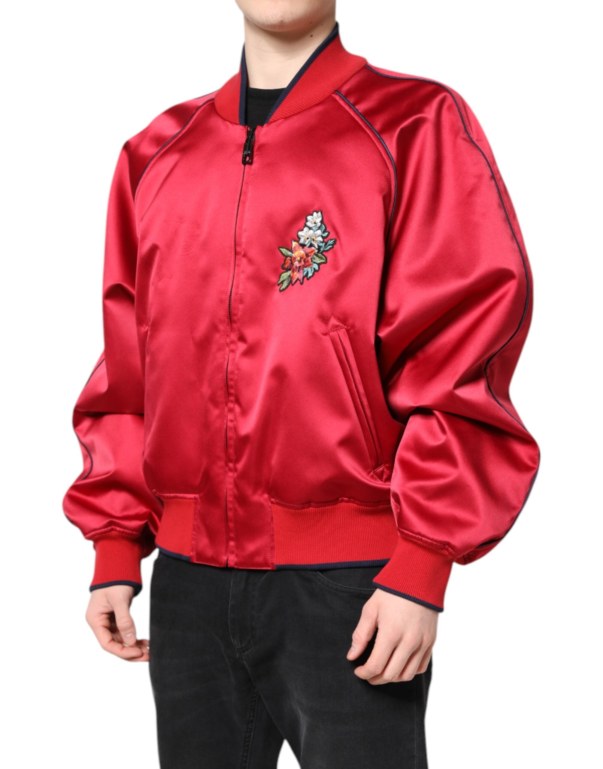 Dolce & Gabbana Red Floral Patch Full Zip Men Bomber Men's Jacket (Pre-Owned)