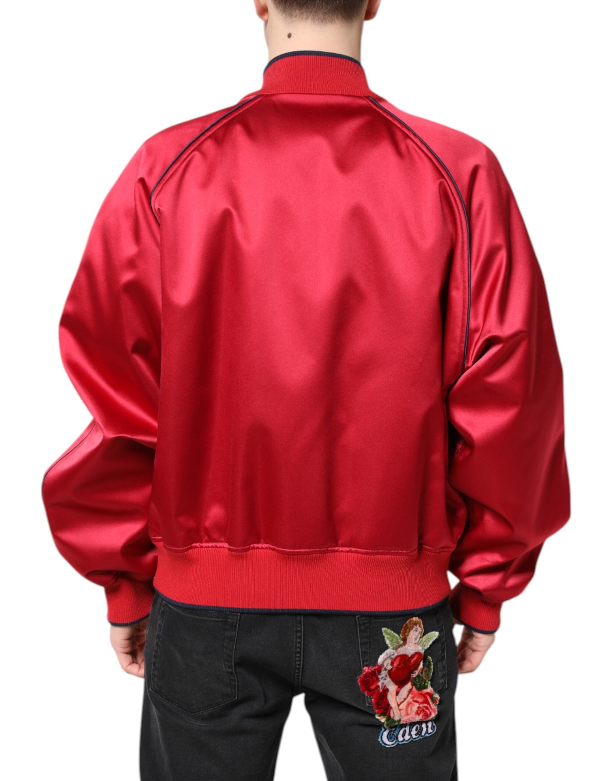 Dolce & Gabbana Red Floral Patch Full Zip Men Bomber Men's Jacket (Pre-Owned)