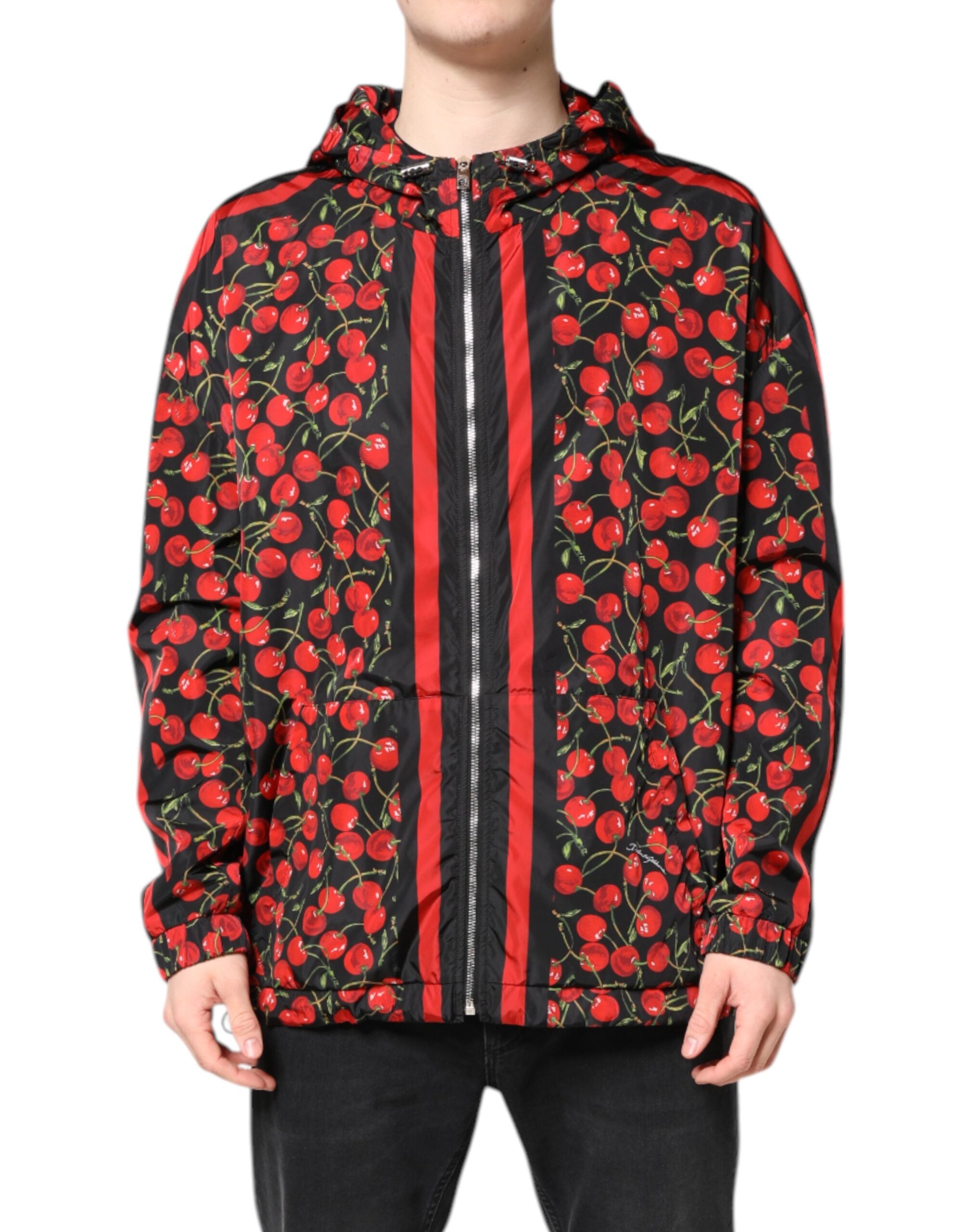 Dolce & Gabbana Black Cherry Print Hooded Windbreaker Men's Jacket