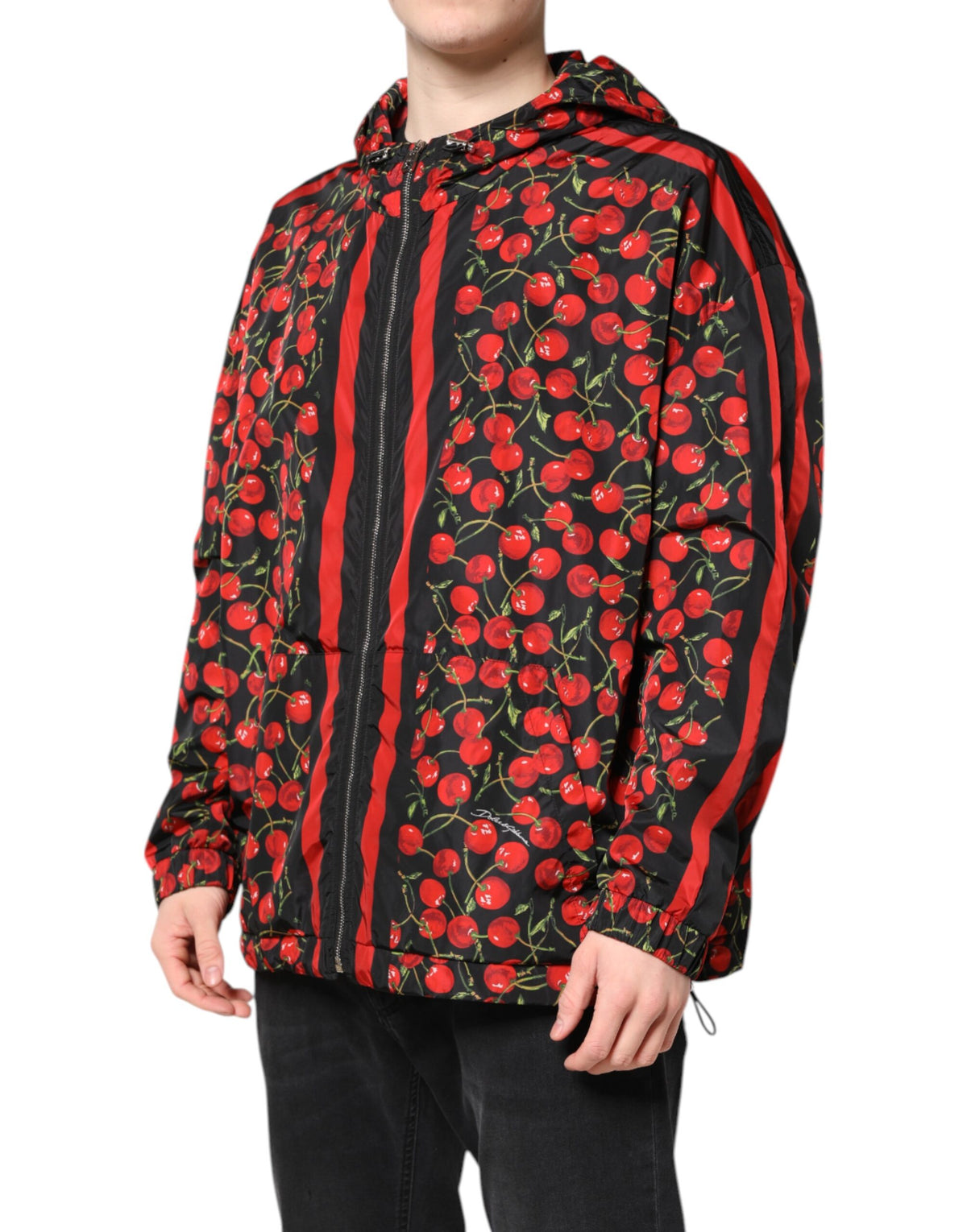 Dolce & Gabbana Black Cherry Print Hooded Windbreaker Men's Jacket