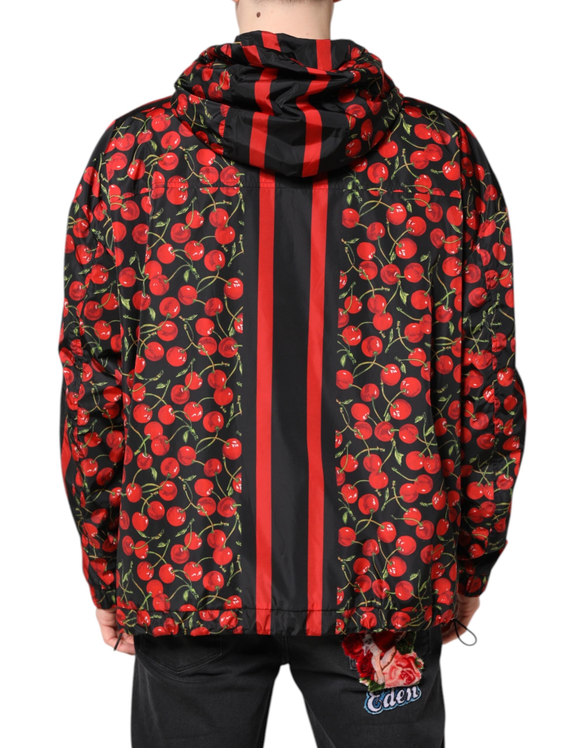 Dolce & Gabbana Black Cherry Print Hooded Windbreaker Men's Jacket