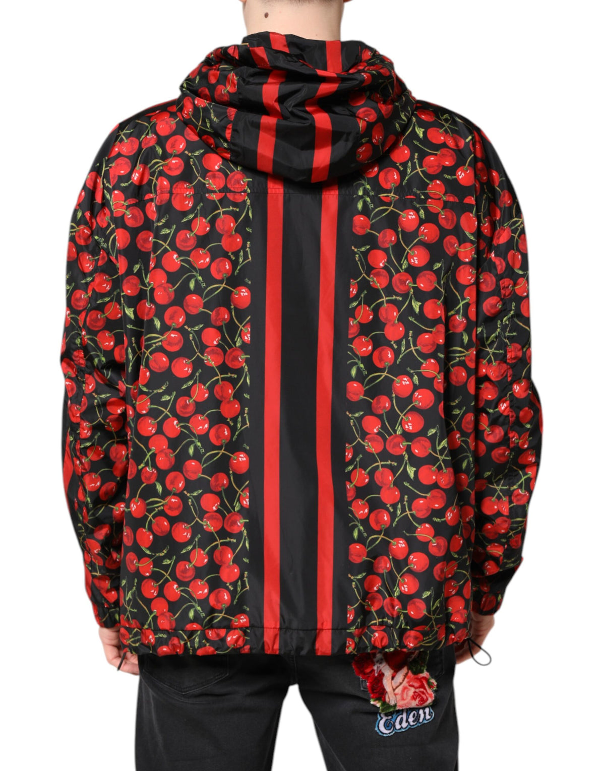 Dolce & Gabbana Black Cherry Print Hooded Windbreaker Men's Jacket