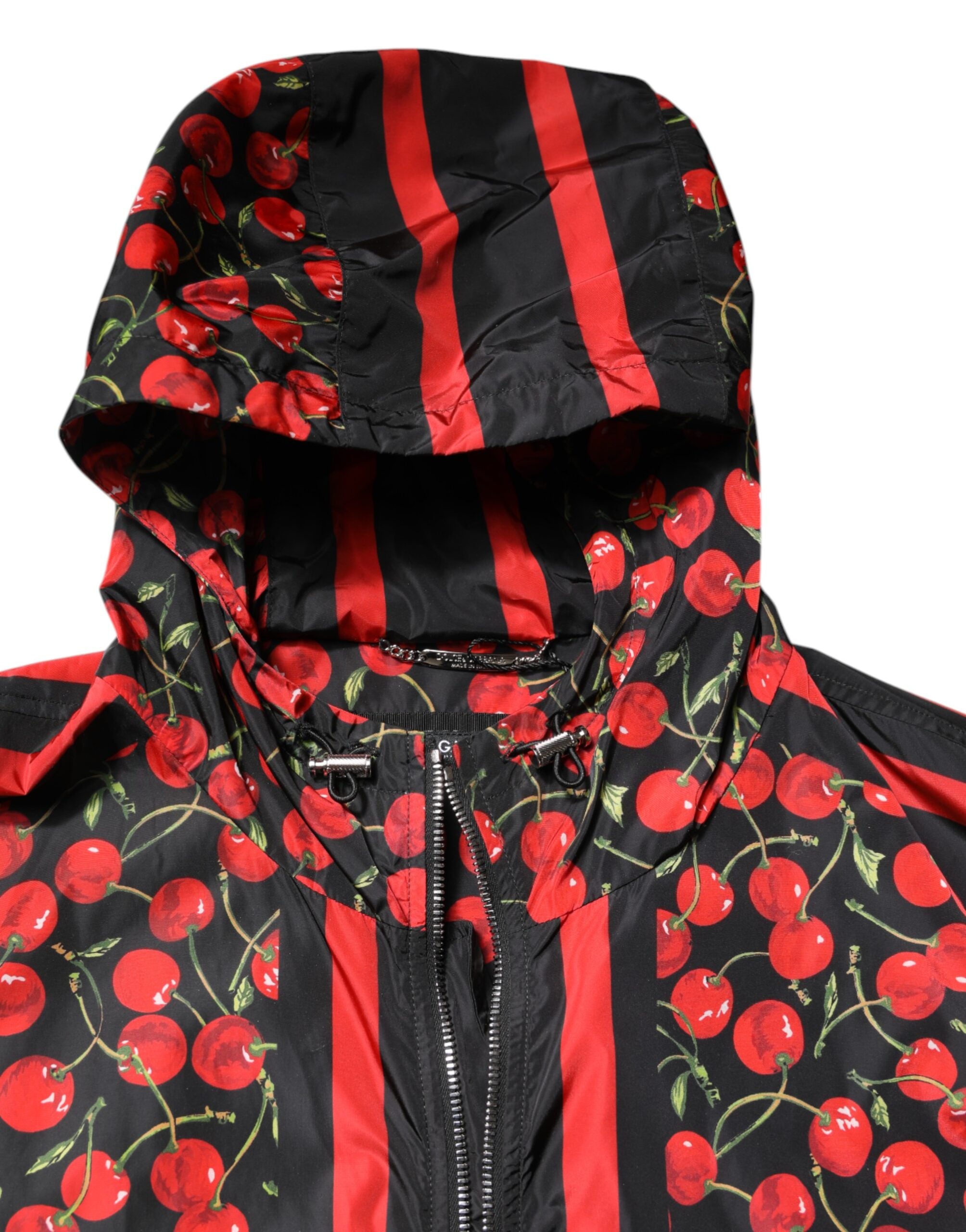 Dolce & Gabbana Black Cherry Print Hooded Windbreaker Men's Jacket