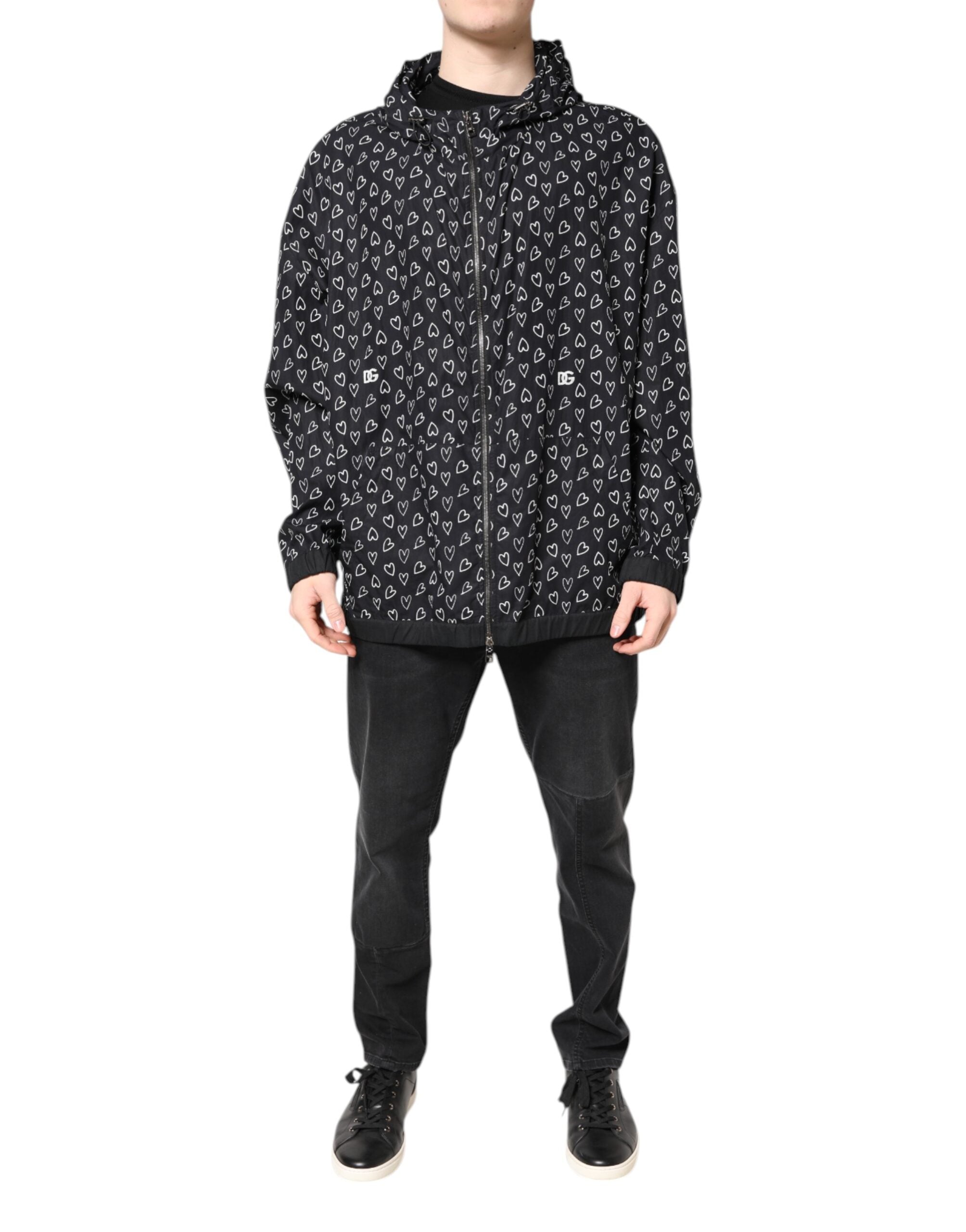 Dolce & Gabbana Black Heart Print Hooded Windbreaker Men's Jacket