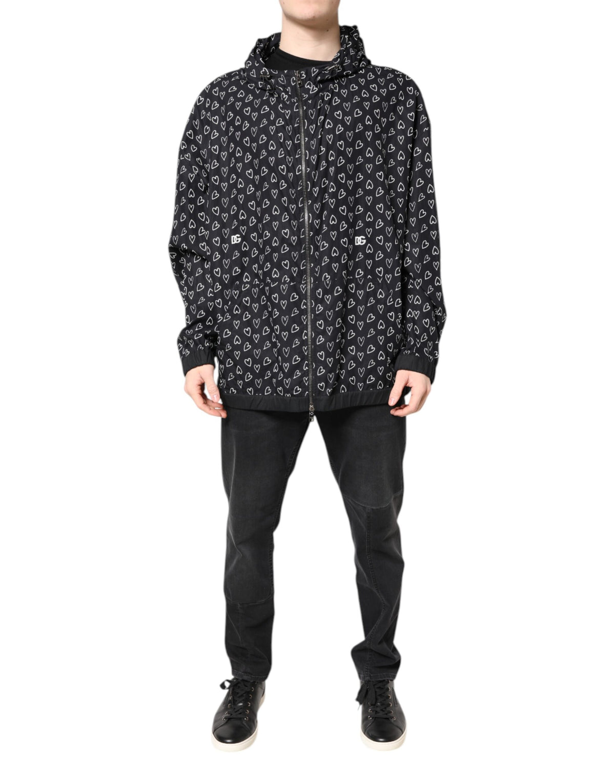 Dolce & Gabbana Black Heart Print Hooded Windbreaker Men's Jacket