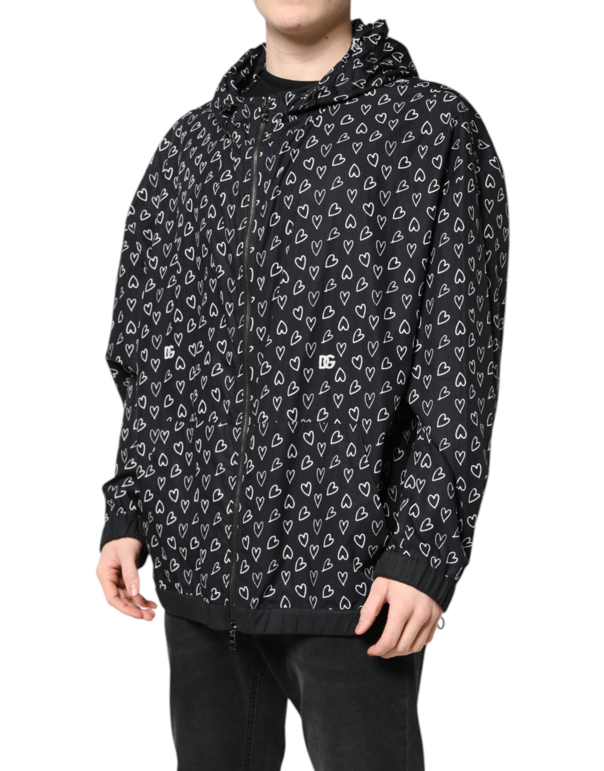 Dolce & Gabbana Black Heart Print Hooded Windbreaker Men's Jacket