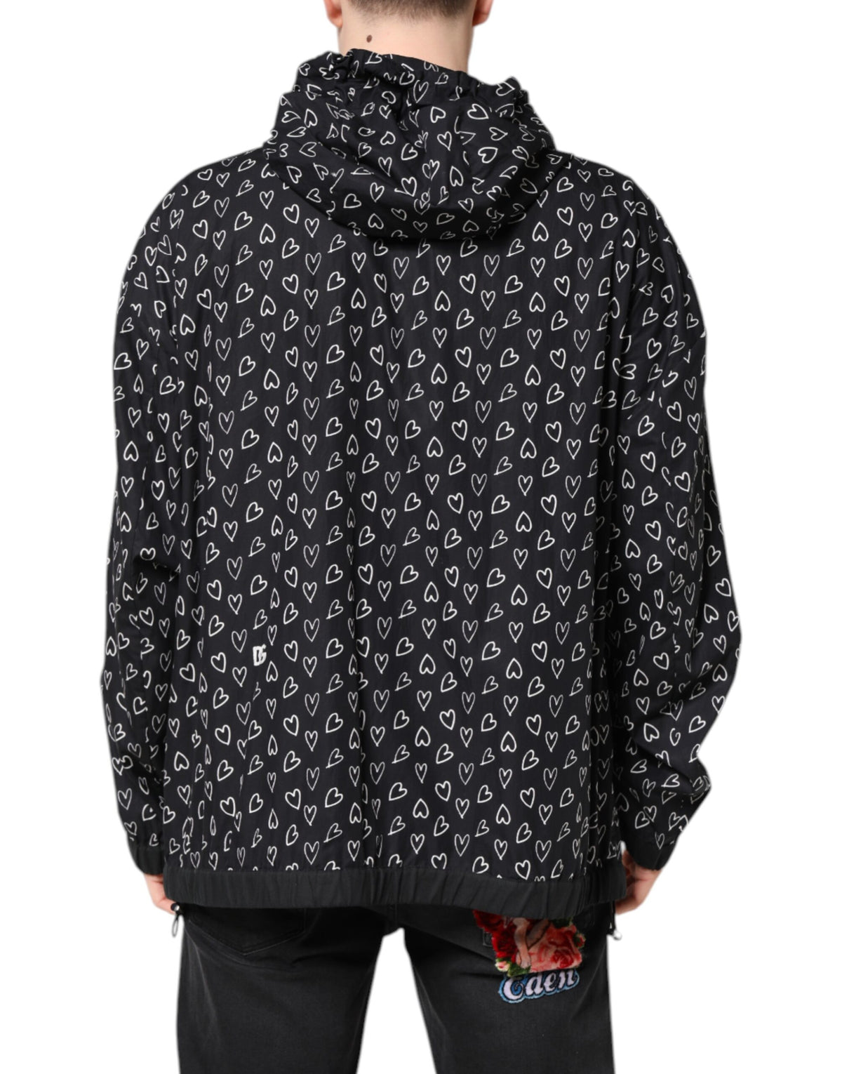 Dolce & Gabbana Black Heart Print Hooded Windbreaker Men's Jacket
