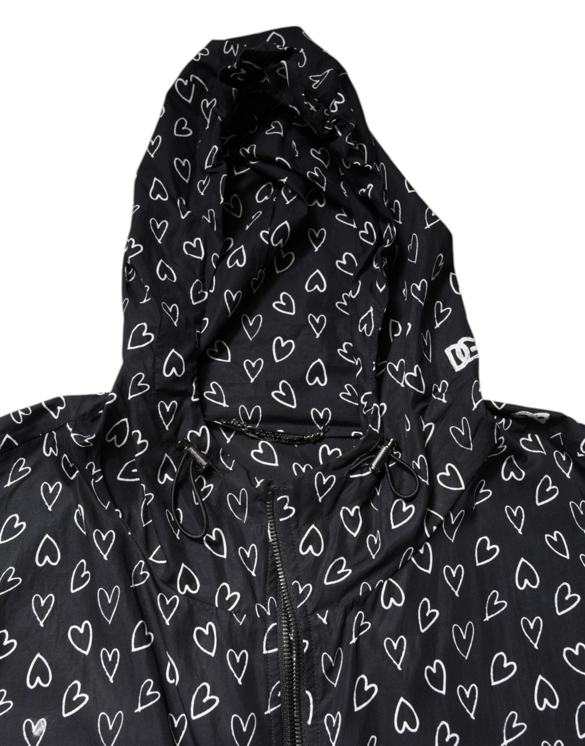 Dolce & Gabbana Black Heart Print Hooded Windbreaker Men's Jacket