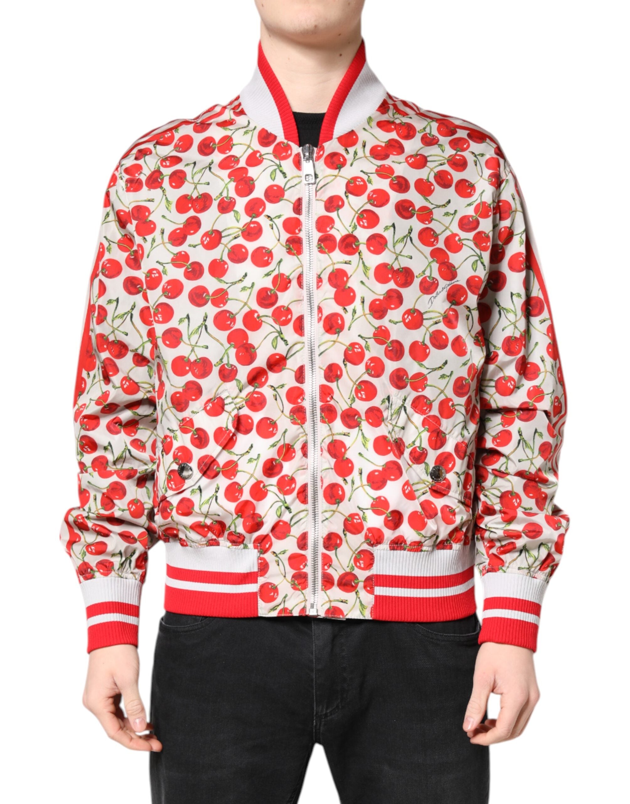 Dolce & Gabbana White Cherry Print Full Zip Bomber Men's Jacket