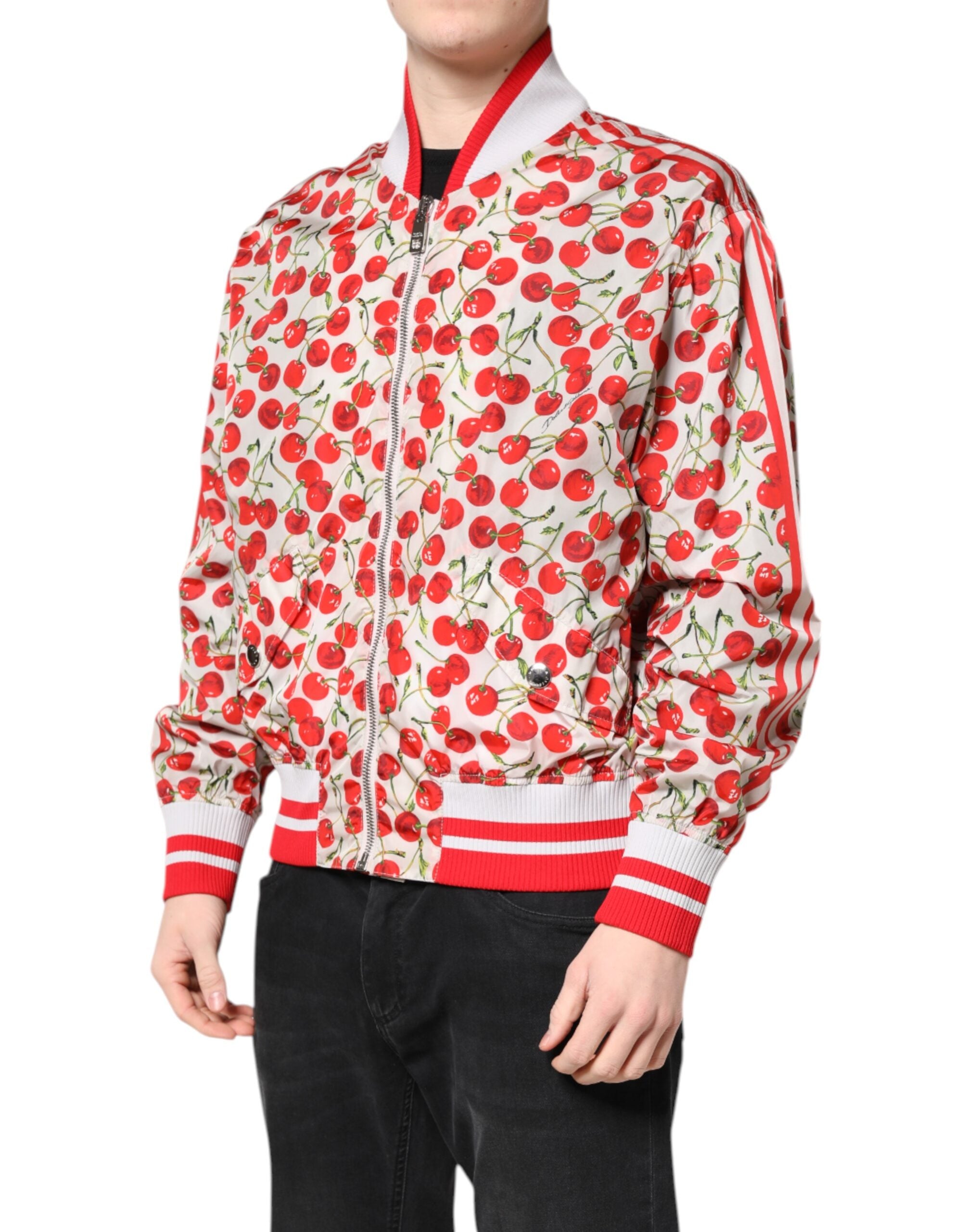 Dolce & Gabbana White Cherry Print Full Zip Bomber Men's Jacket