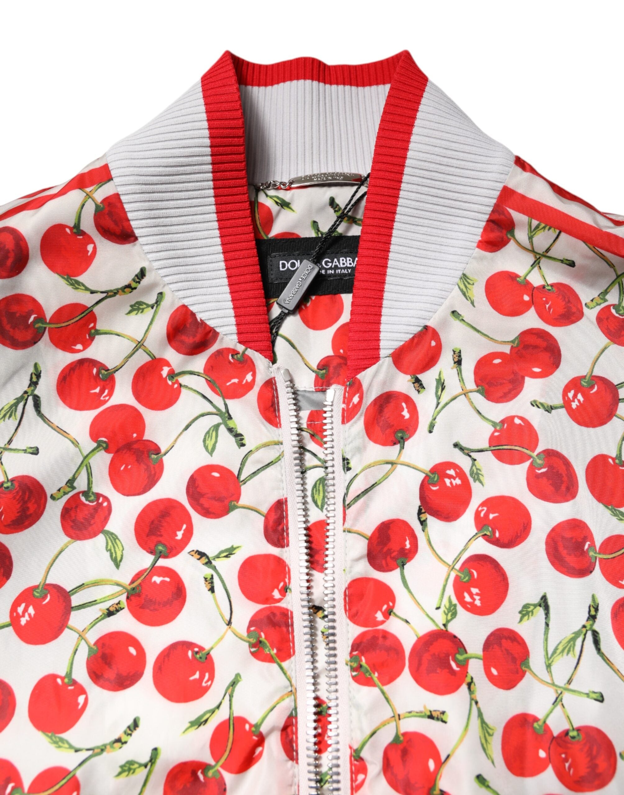 Dolce & Gabbana White Cherry Print Full Zip Bomber Men's Jacket