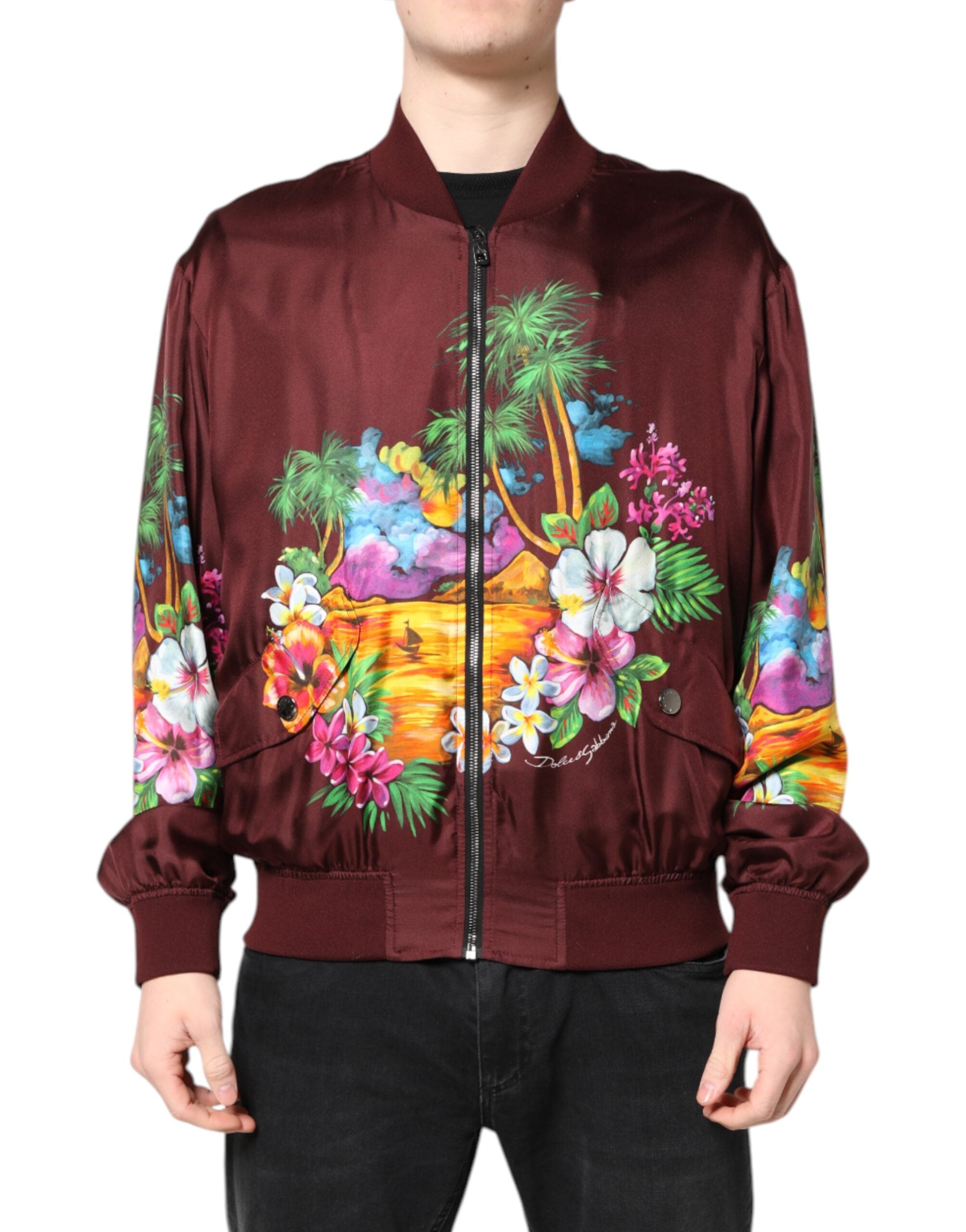 Dolce & Gabbana Maroon Floral Print Full Zip Bomber Men's Jacket