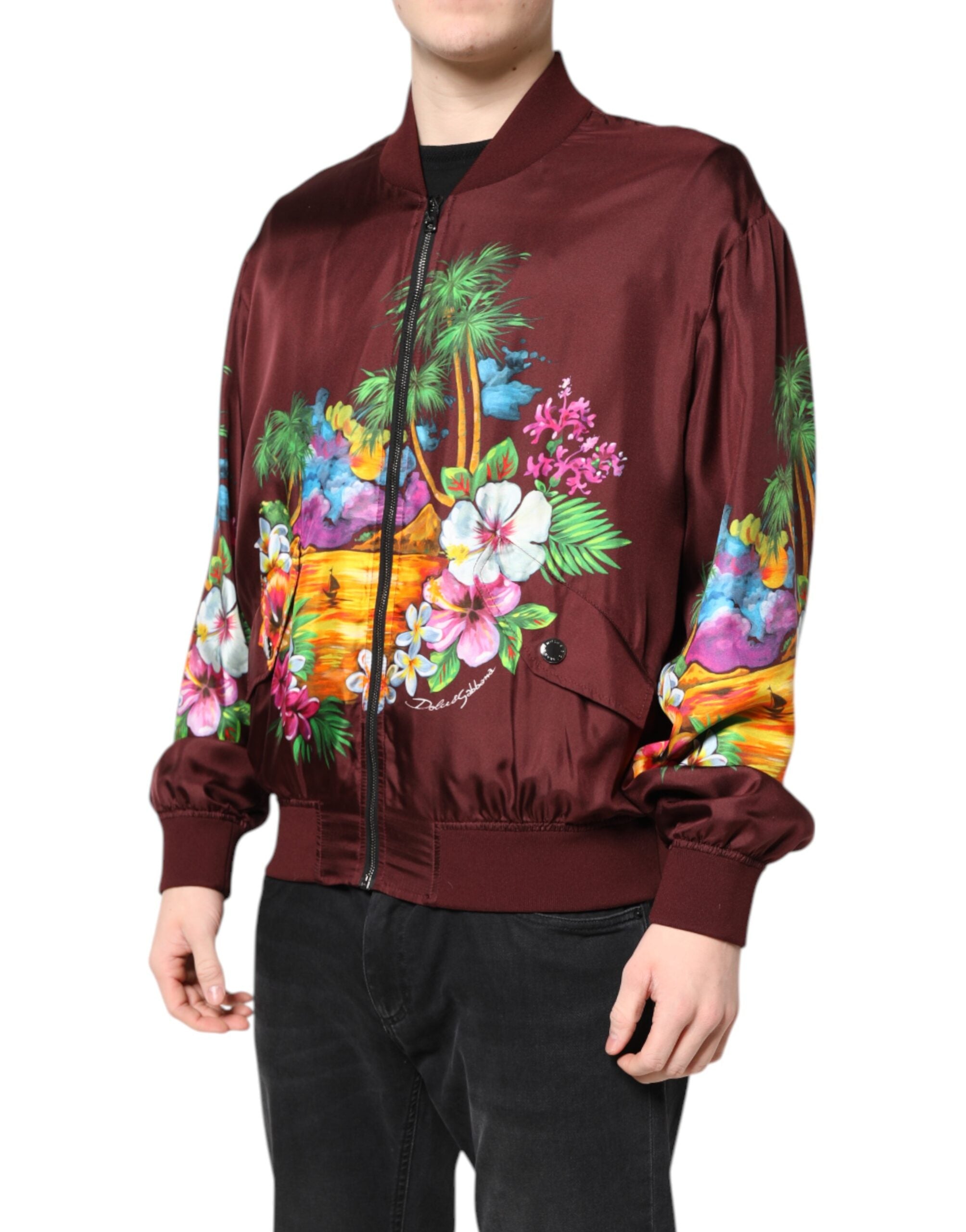 Dolce & Gabbana Maroon Floral Print Full Zip Bomber Men's Jacket