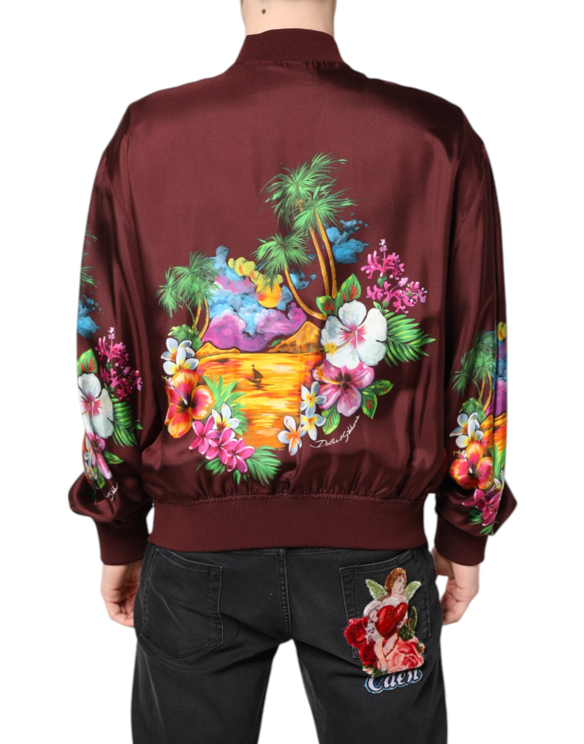 Dolce & Gabbana Maroon Floral Print Full Zip Bomber Men's Jacket