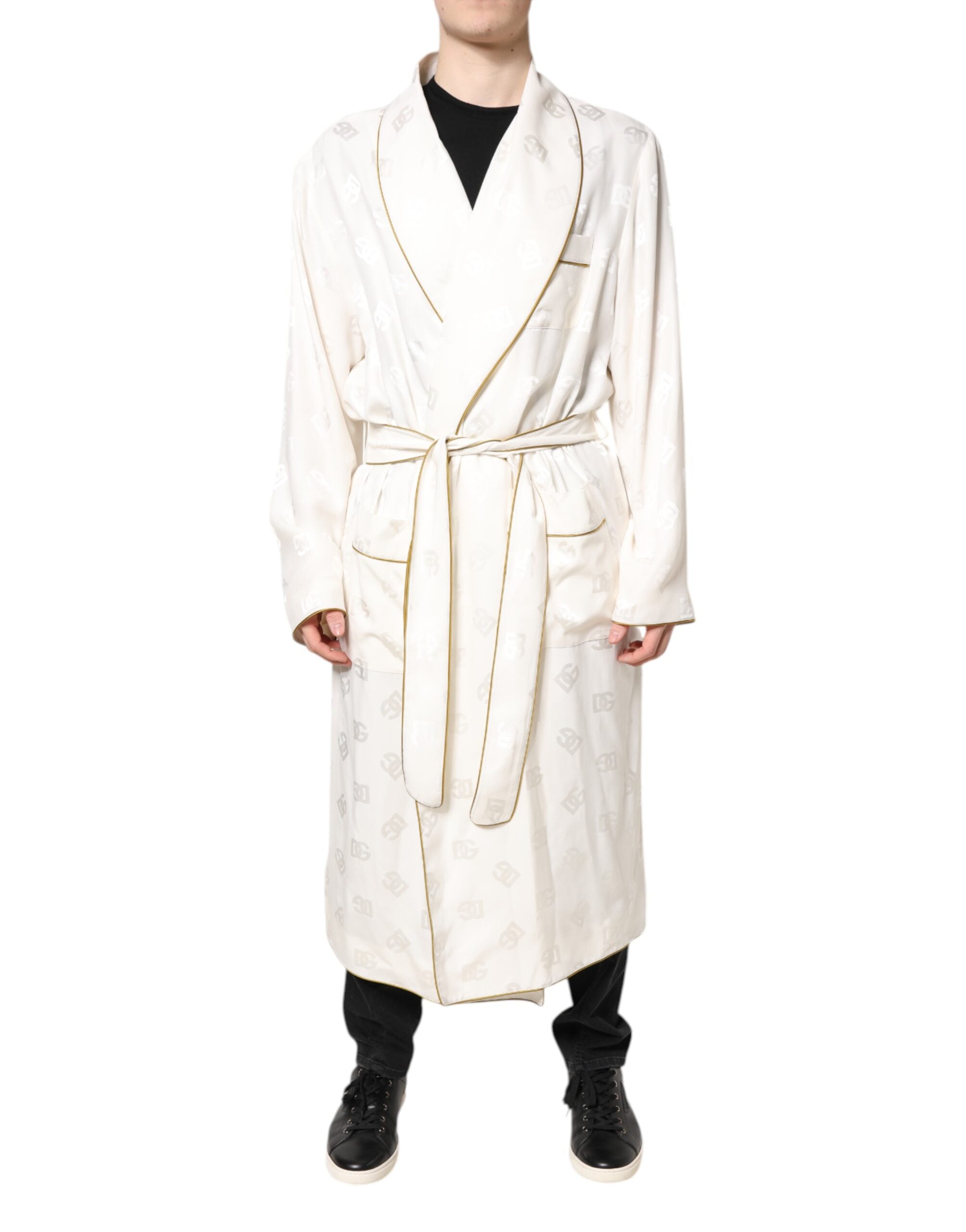 Dolce & Gabbana Ivory Silk Logo Men Wrap Robe Coat Men's Jacket