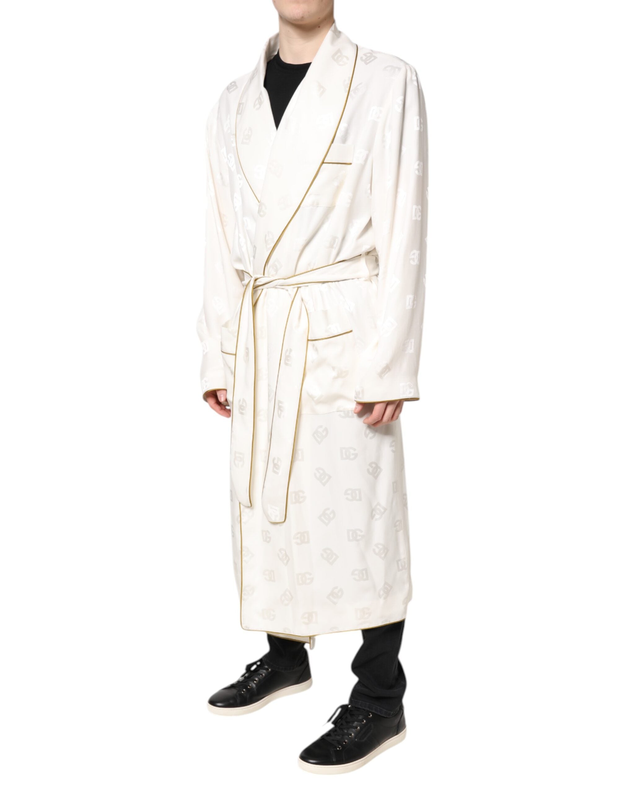 Dolce & Gabbana Ivory Silk Logo Men Wrap Robe Coat Men's Jacket